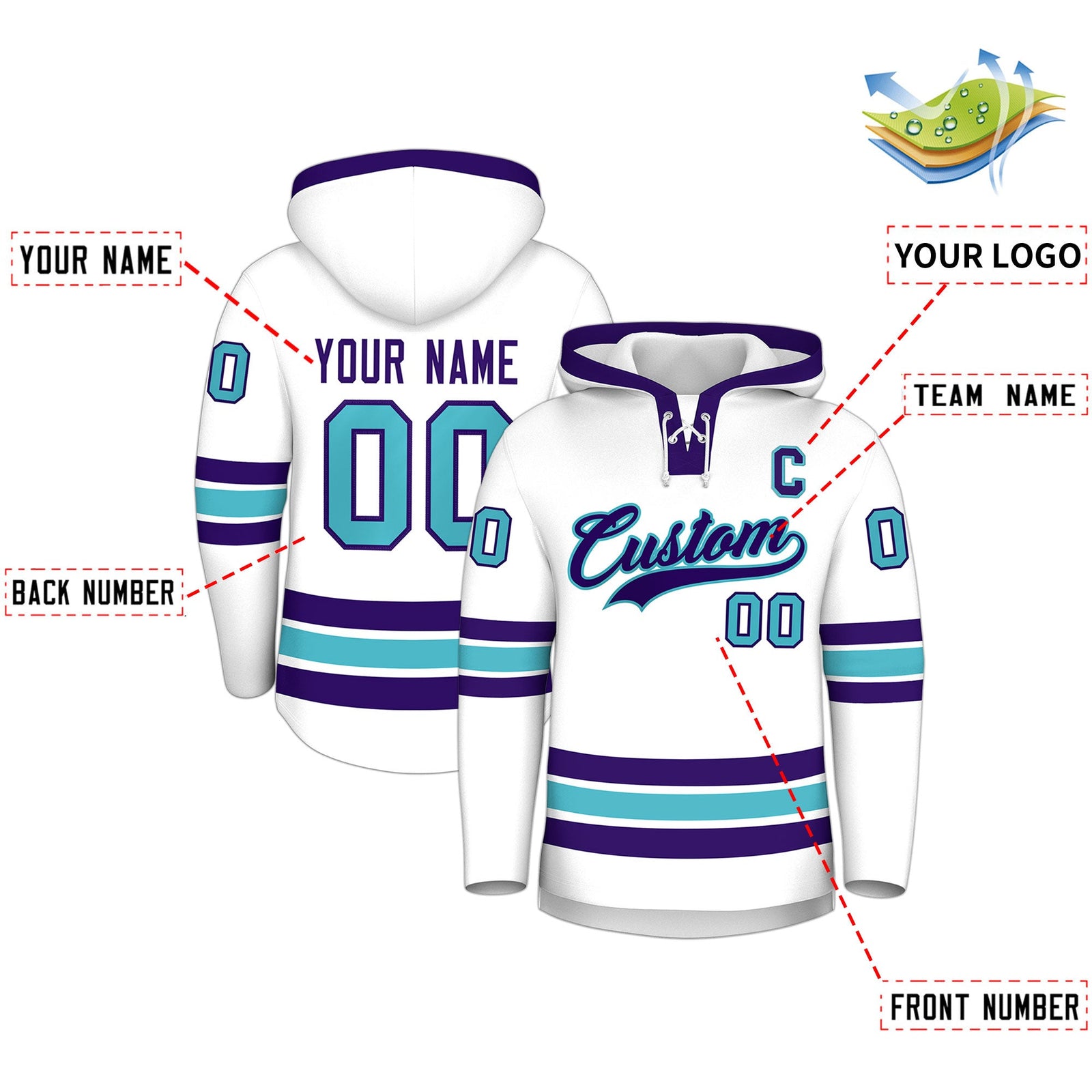 Custom Hockey Hoodie Jersey White Purple Classic Style for Men&Youth