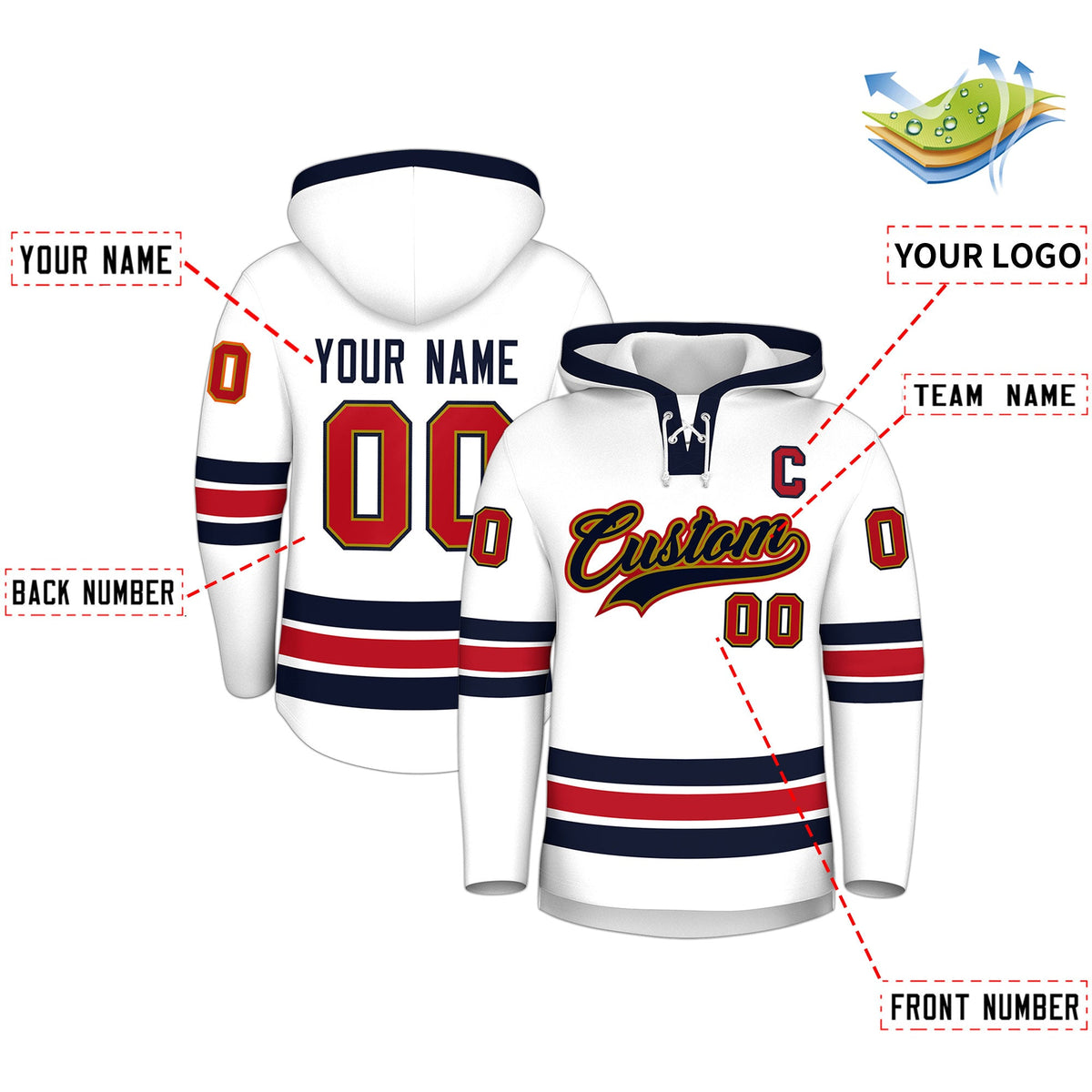Custom Hockey Hoodie Jersey White Navy Classic Style Add Name,Number & Logo
