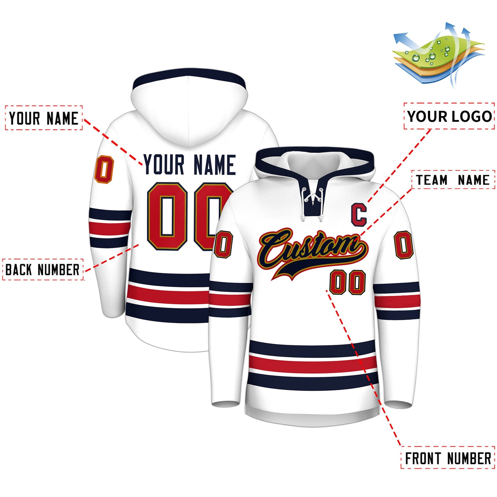 Custom Hockey Hoodie Jersey White Navy Classic Style Add Name,Number & Logo