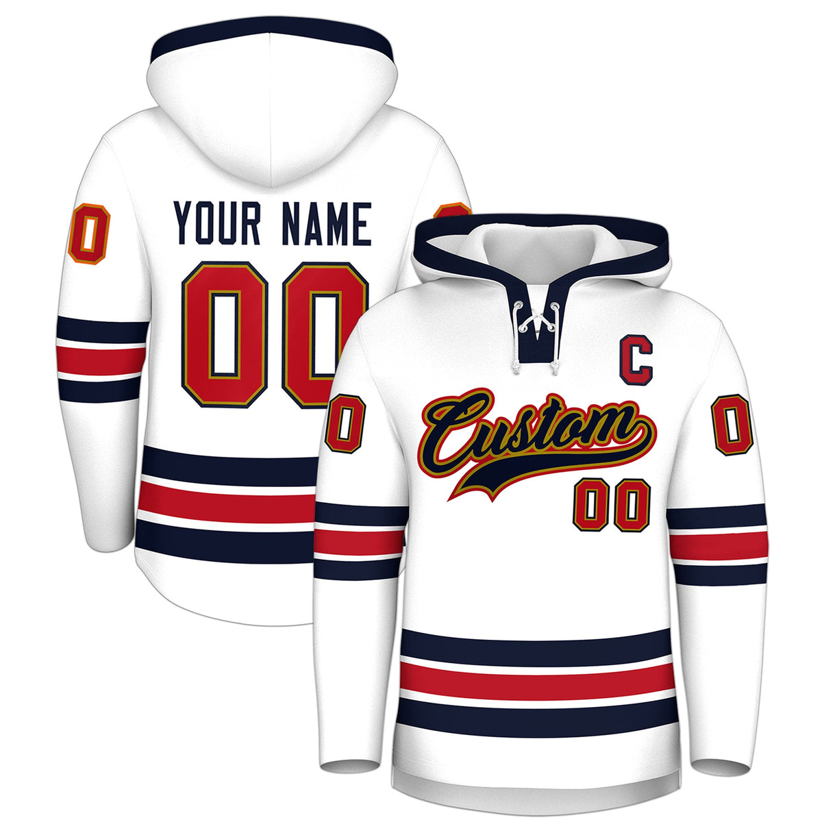 Custom Hockey Hoodie Jersey White Navy Classic Style Add Name,Number & Logo