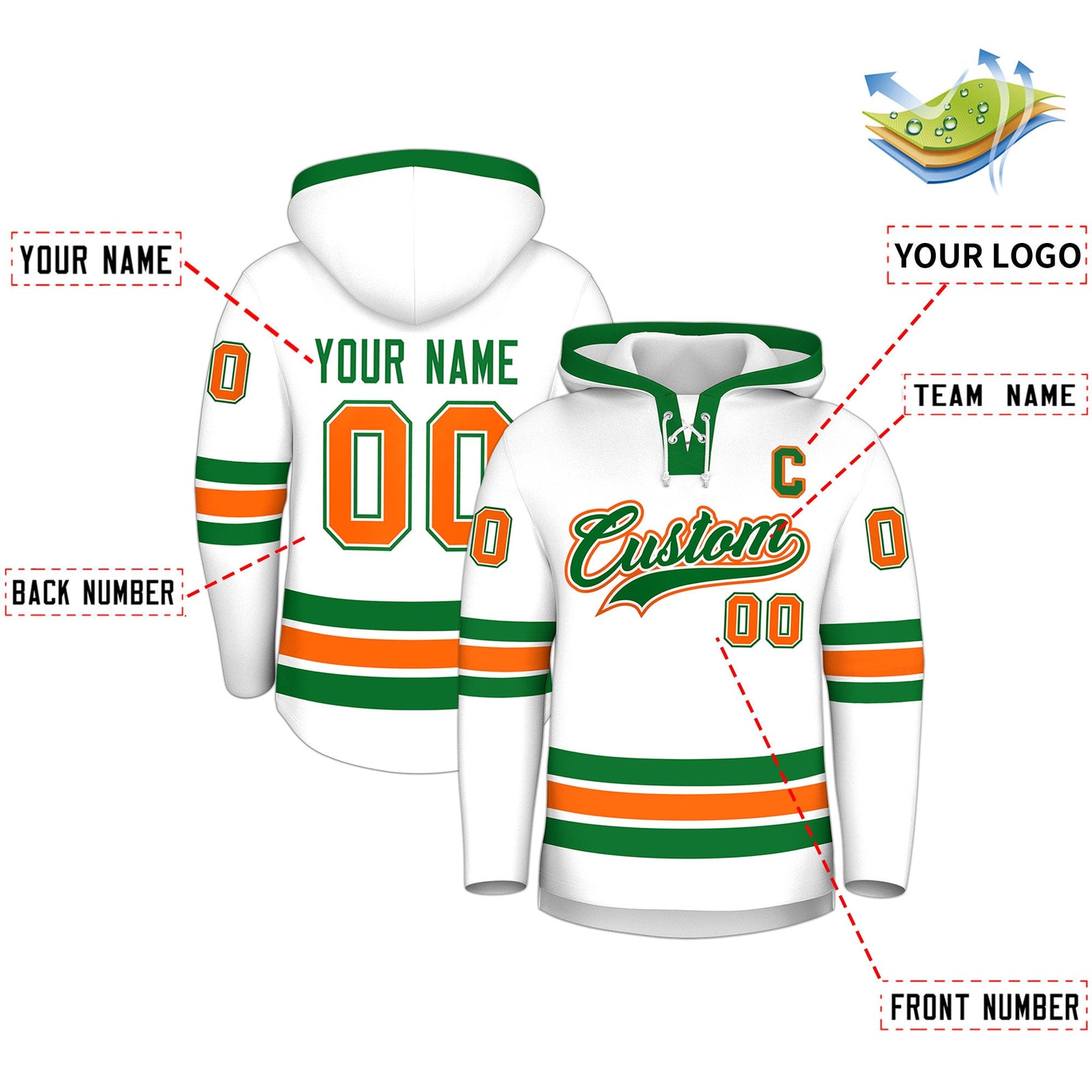 Custom Hockey Hoodie Jersey White Kelly Green Classic Style for Men&Youth