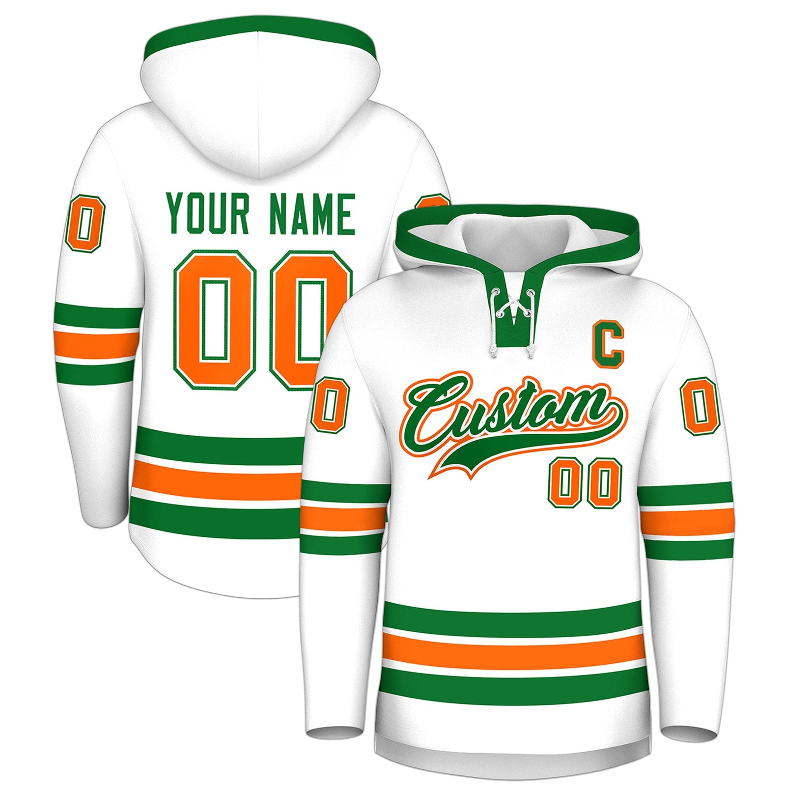 Custom Hockey Hoodie Jersey White Kelly Green Classic Style for Men&Youth