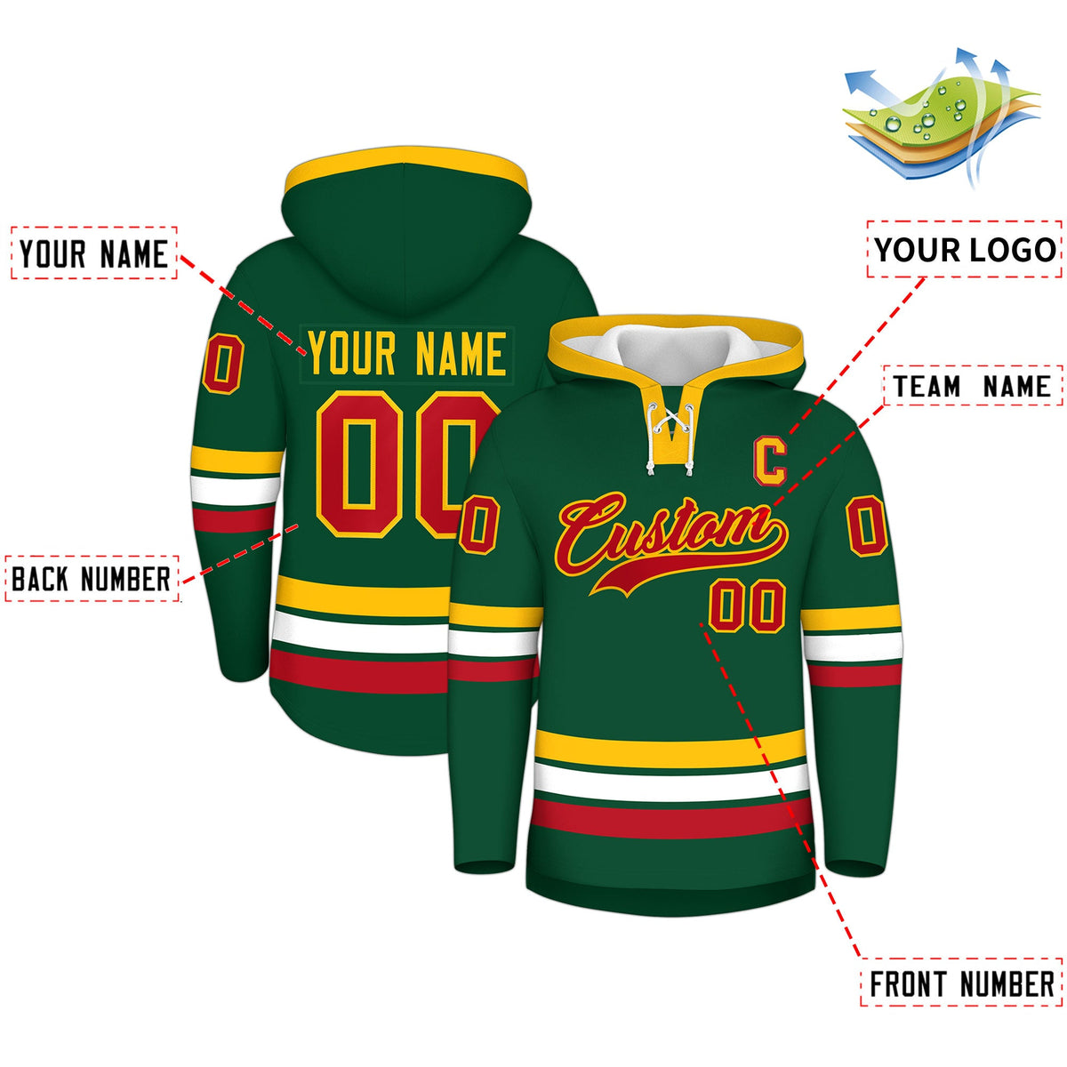 Custom Hockey Hoodie Jersey Dark Green Gold Classic Style Add Name,Number & Logo