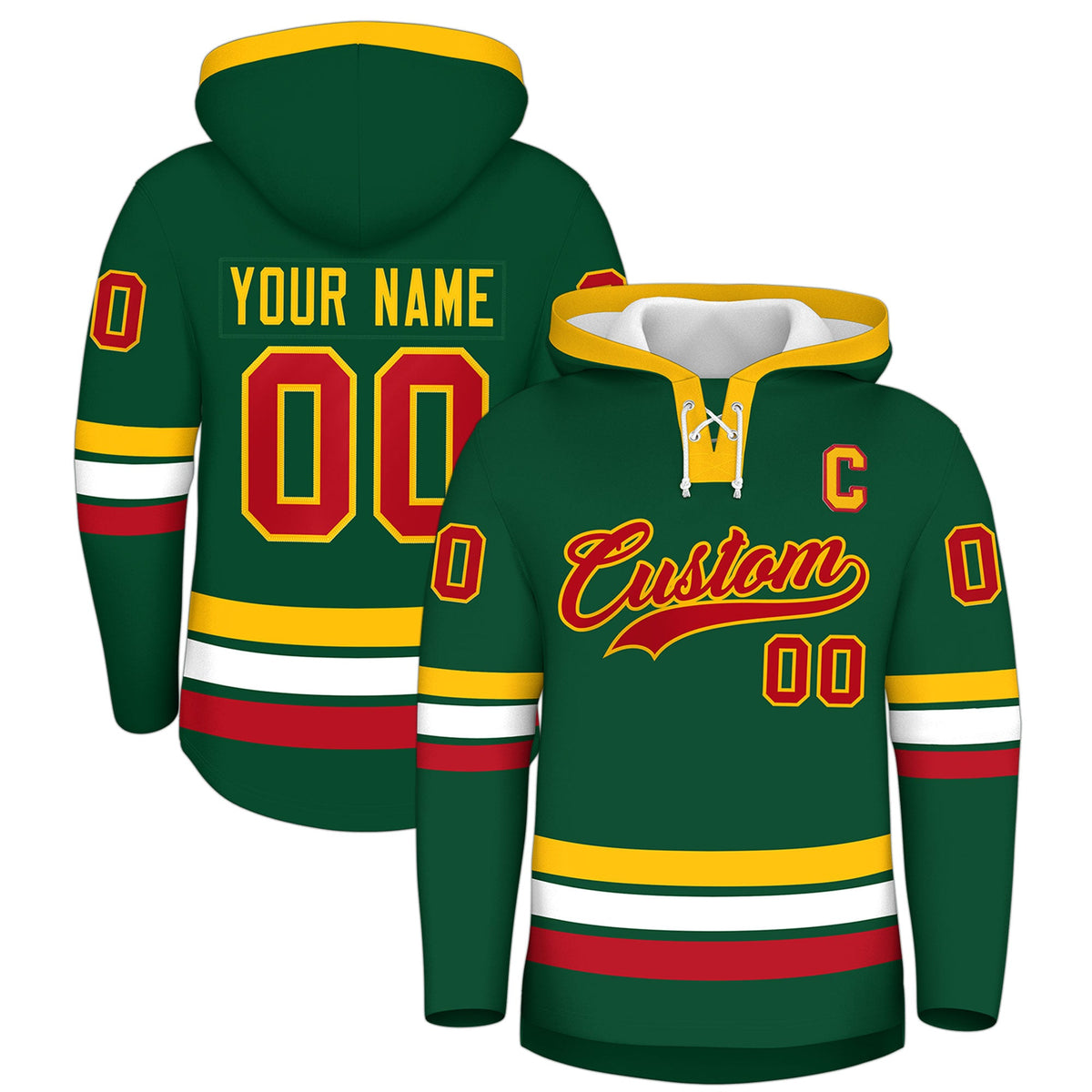 Custom Hockey Hoodie Jersey Dark Green Gold Classic Style Add Name,Number & Logo