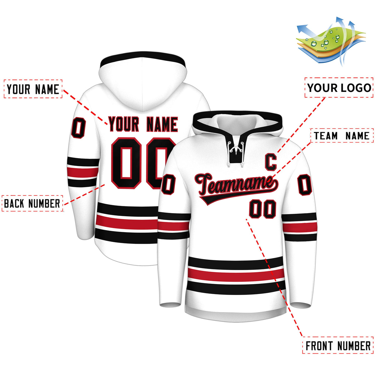 Custom Hockey Hoodie Jersey White Black Classic Style Add Name,Number & Logo
