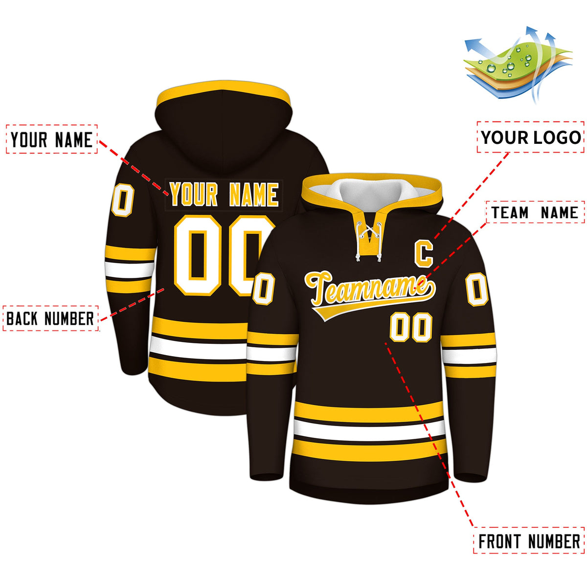Custom Hockey Hoodie Jersey Brown Gold Classic Style Add Name,Number & Logo