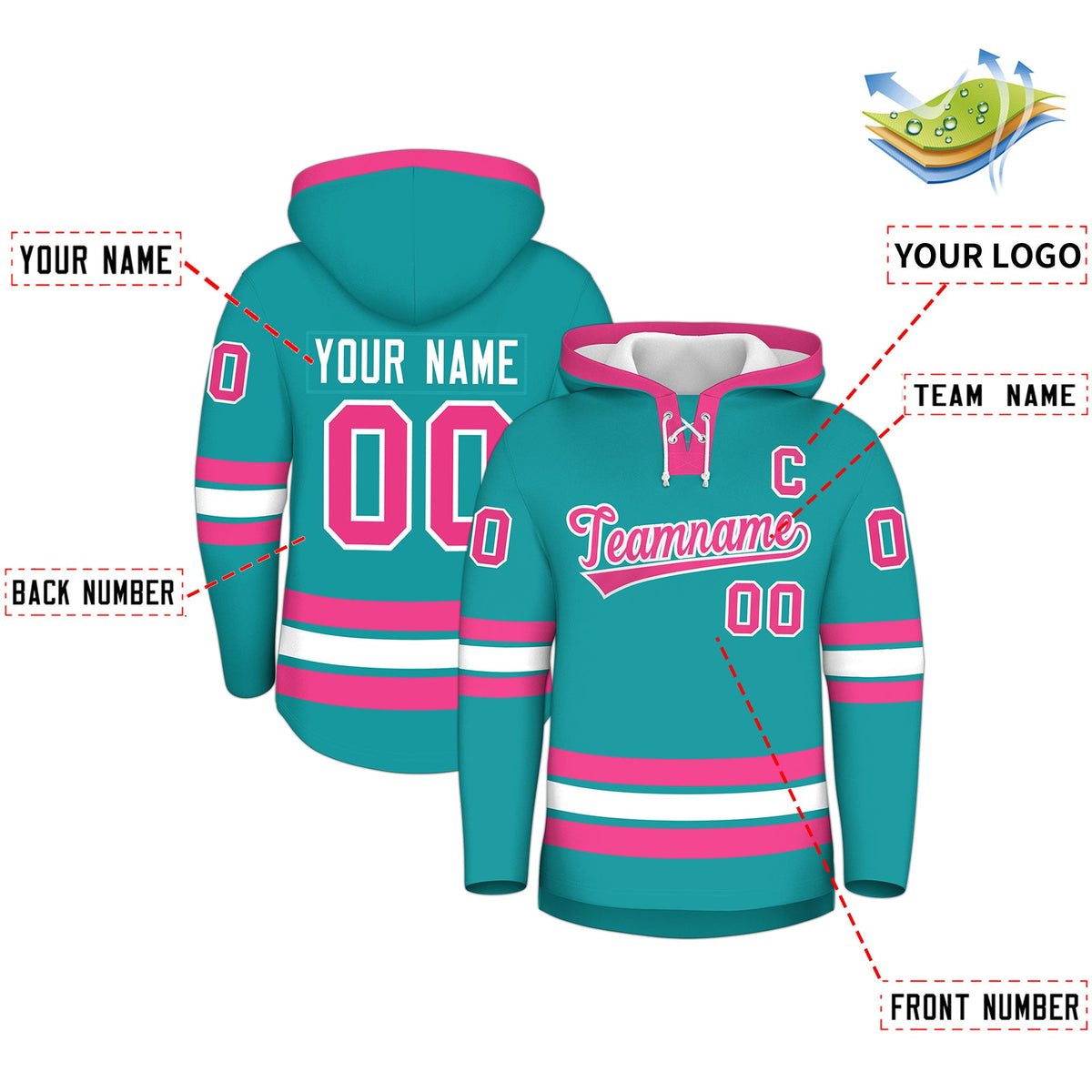 Custom Hockey Hoodie Jersey Aqua Pink Classic Style Add Name,Number & Logo