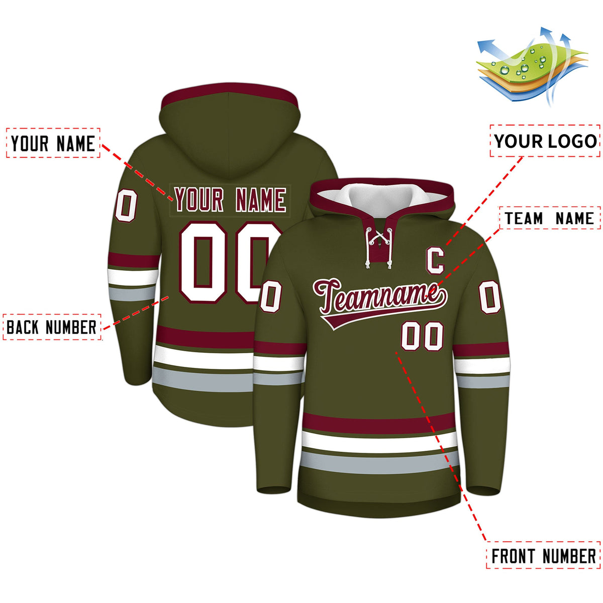 Custom Hockey Hoodie Jersey Olive Crimson Classic Style Add Name,Number & Logo