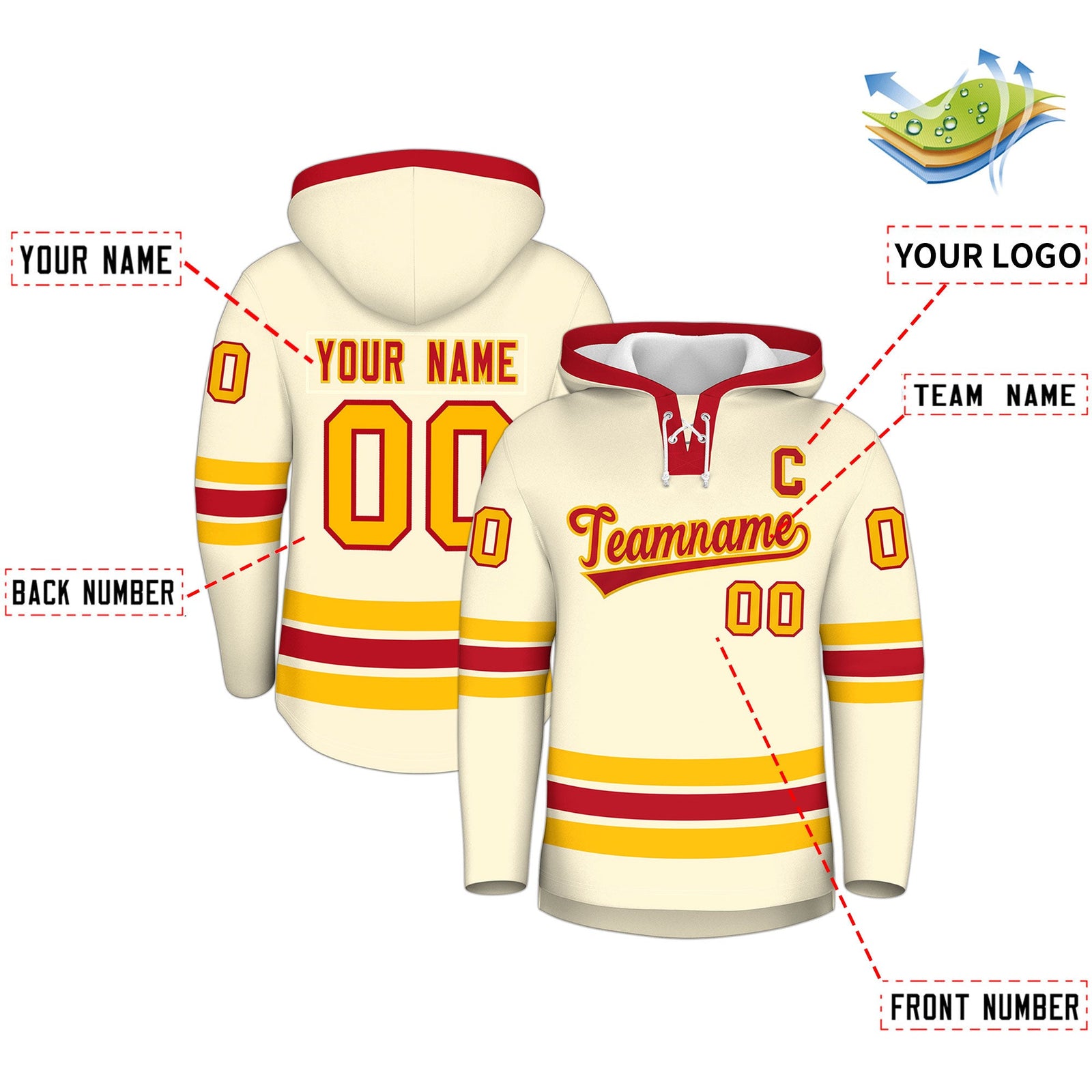 Custom Hockey Hoodie Jersey Cream Red Classic Style Add Name,Number & Logo