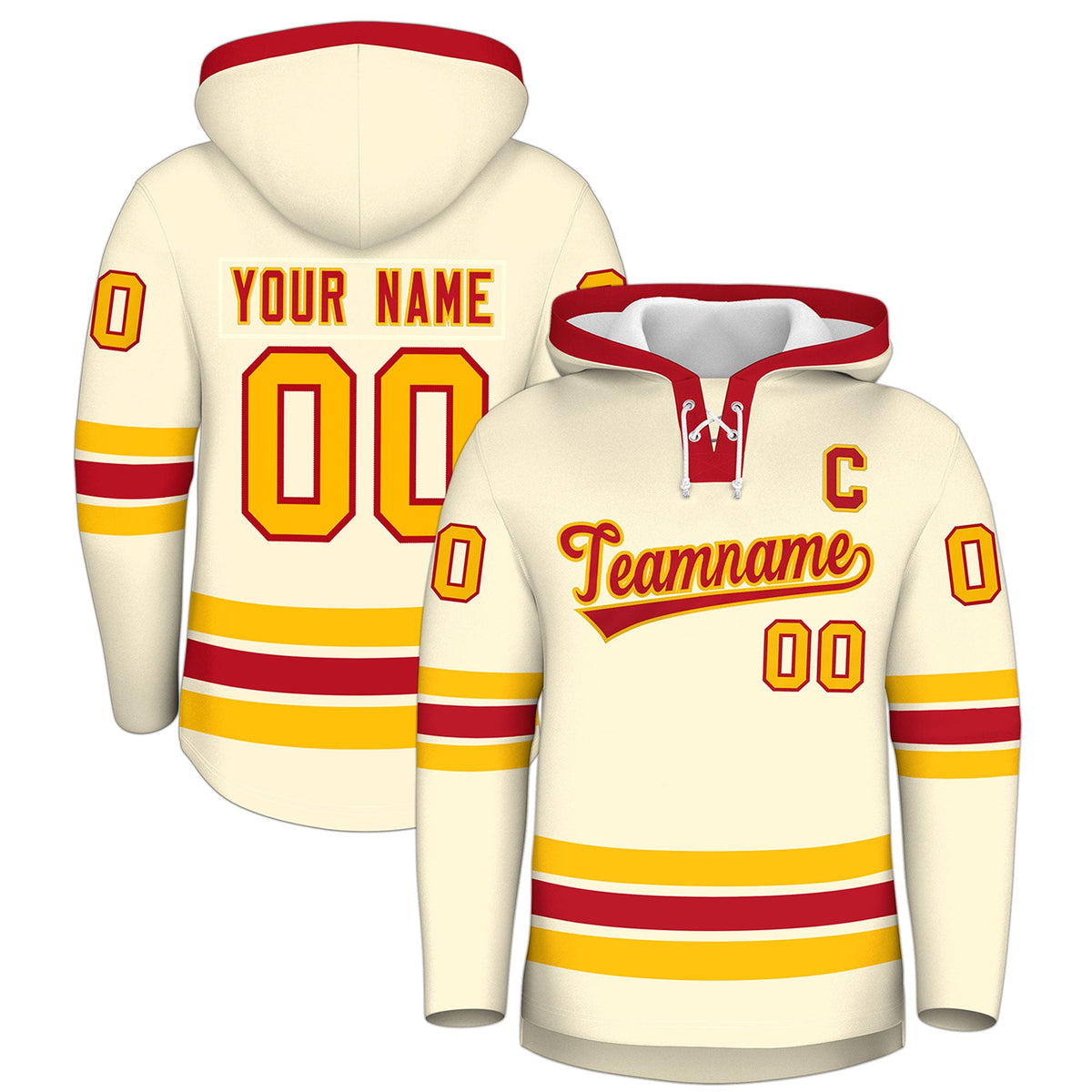 Custom Hockey Hoodie Jersey Cream Red Classic Style Add Name,Number & Logo