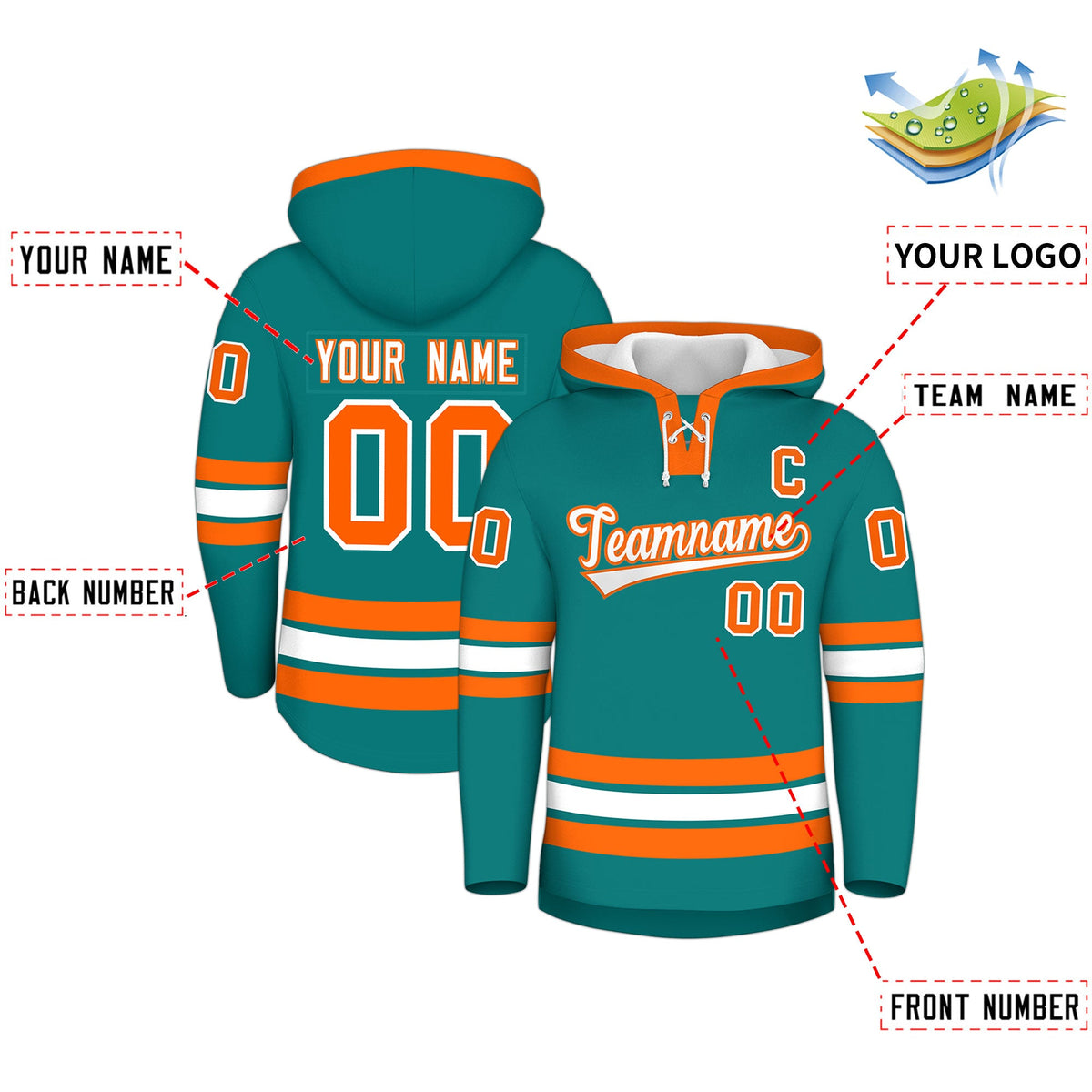 Custom Hockey Hoodie Jersey Teal Orange Classic Style Add Name,Number & Logo