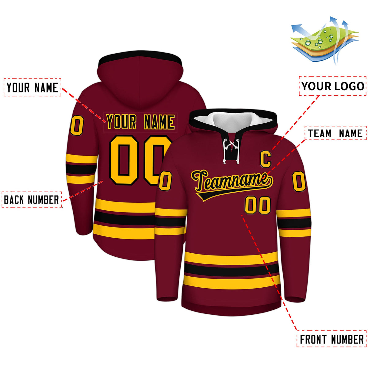 Custom Hockey Hoodie Jersey Crimson Black Classic Style Add Name,Number & Logo