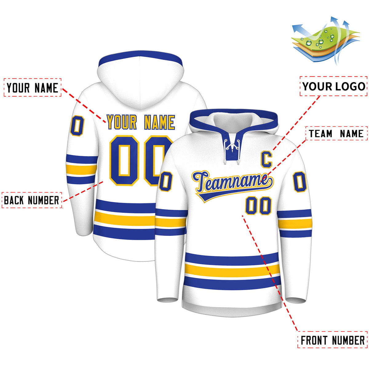 Custom Hockey Hoodie Jersey White Royal Blue Classic Style Add Name,Number & Logo