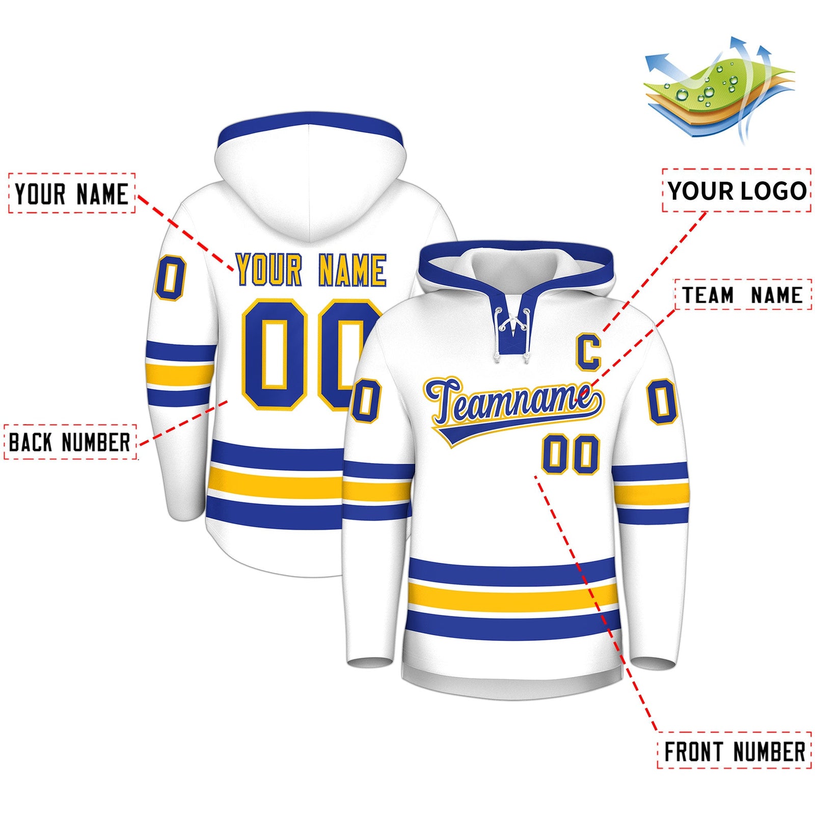 Custom Hockey Hoodie Jersey White Royal Blue Classic Style Add Name,Number & Logo