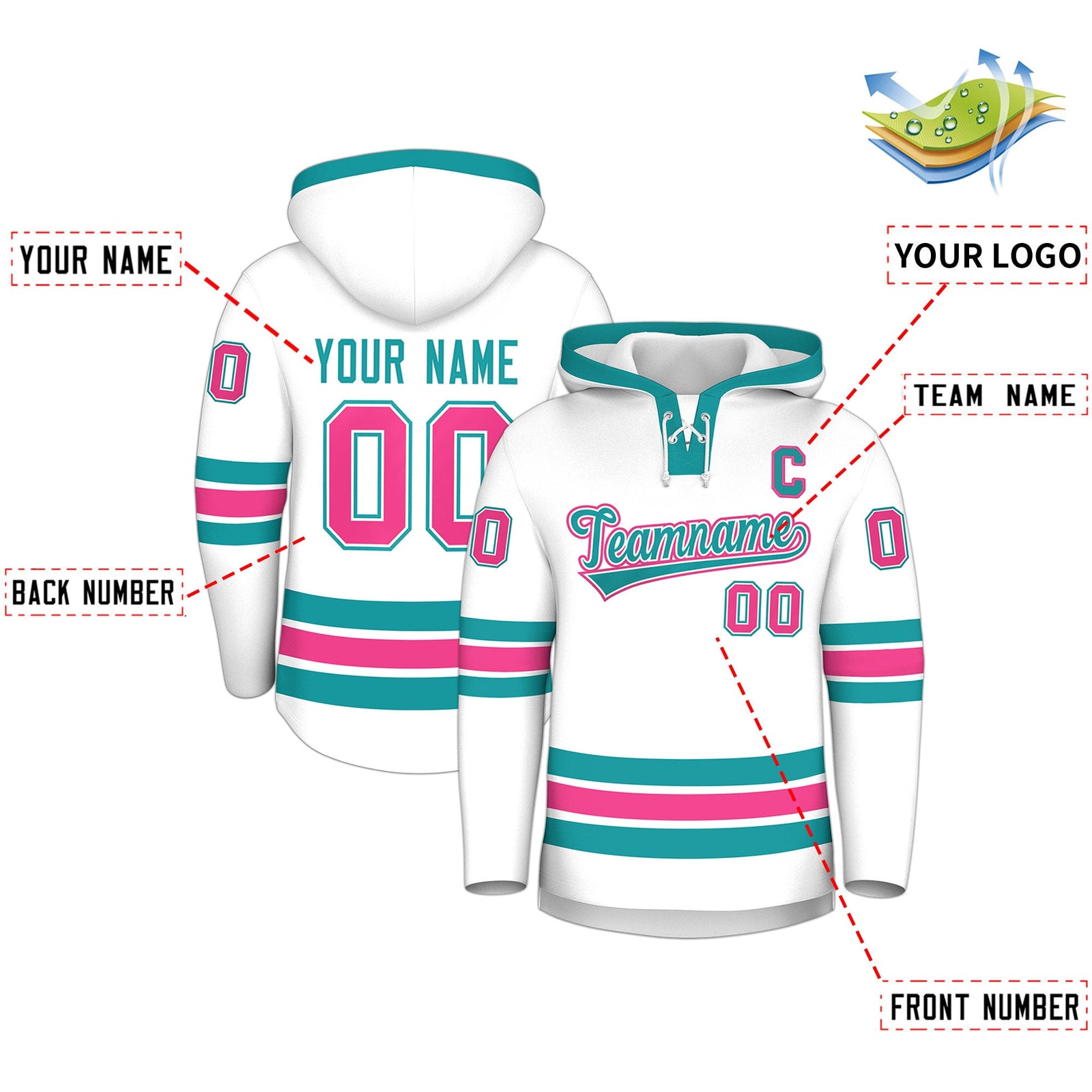 Custom Hockey Hoodie Jersey White Aqua Classic Style for Men&Youth