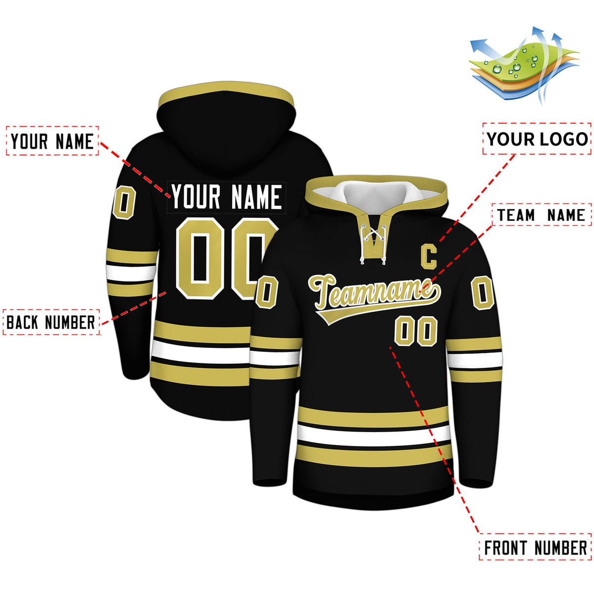 Custom Hockey Hoodie Jersey Black Old Gold Classic Style for Men&Youth