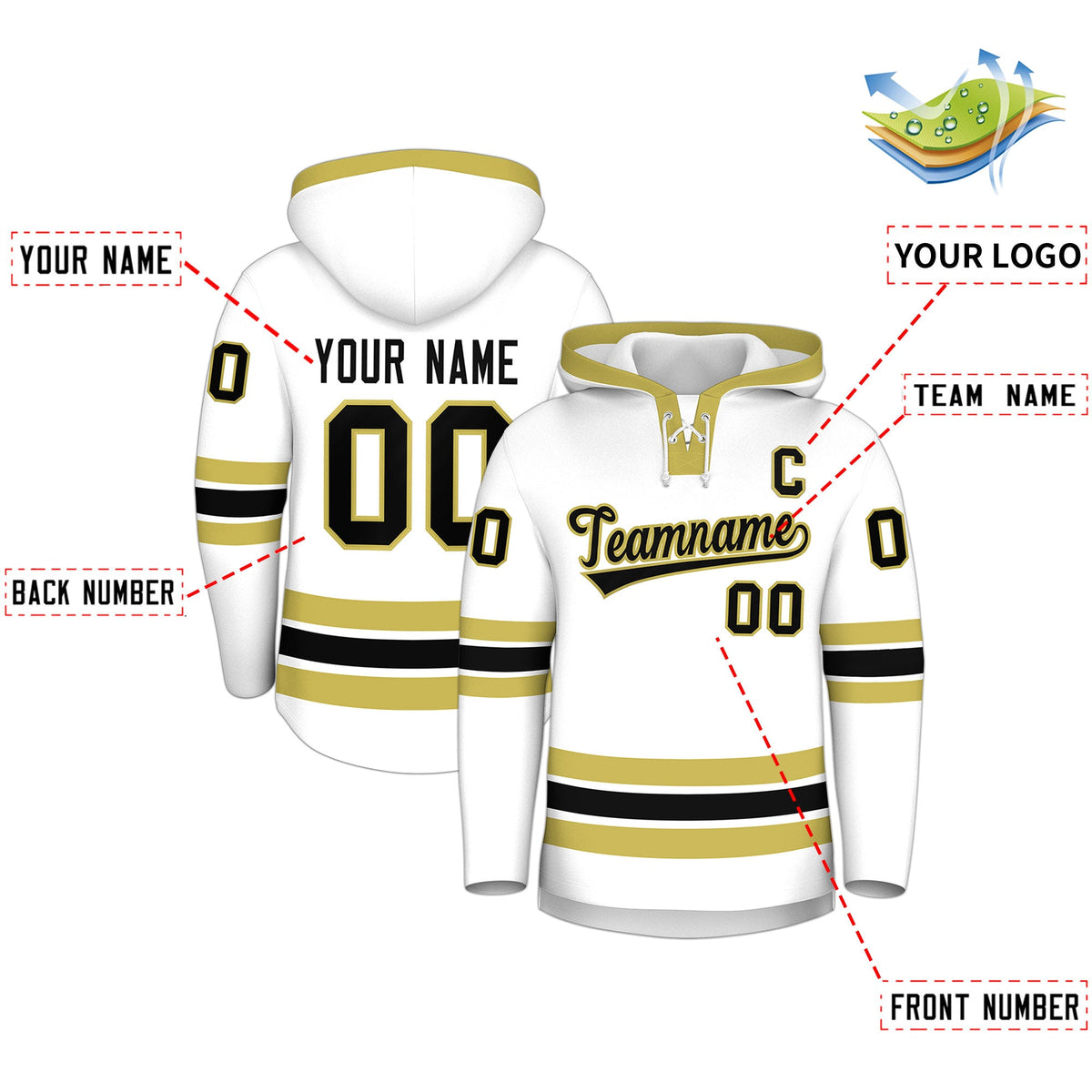 Custom Hockey Hoodie Jersey White Old Gold Classic Style Add Name,Number & Logo