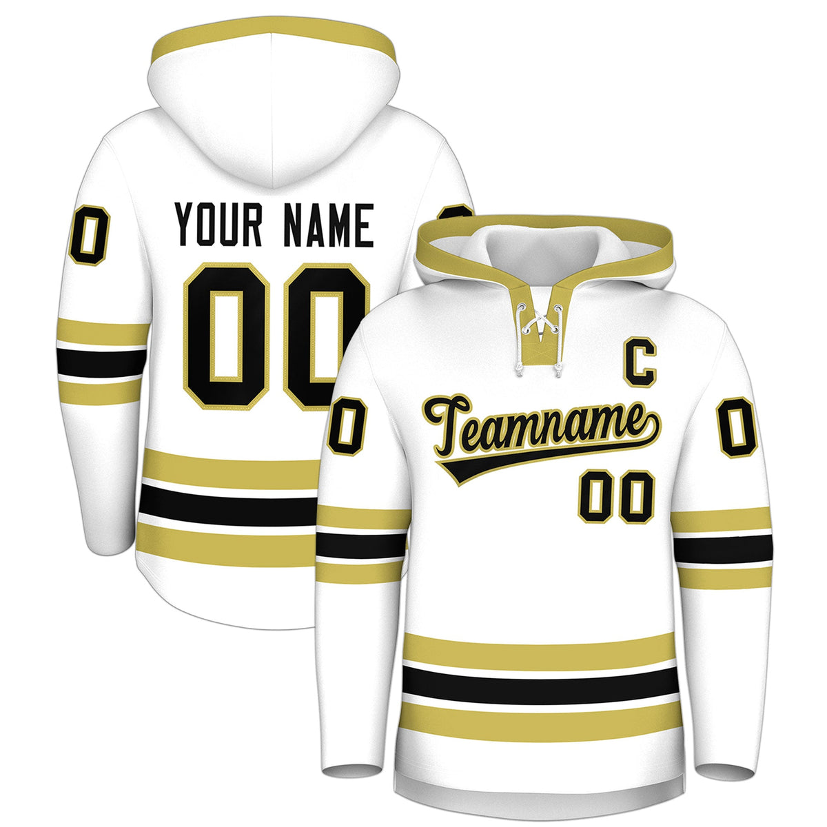 Custom Hockey Hoodie Jersey White Old Gold Classic Style Add Name,Number & Logo