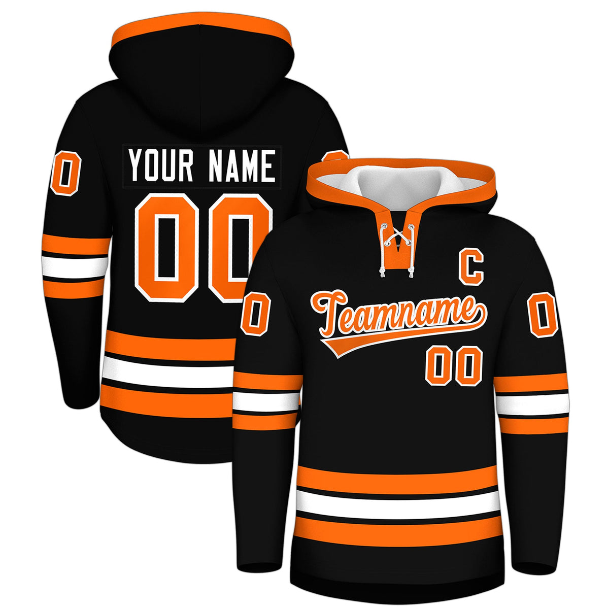 Custom Hockey Hoodie Jersey Black Orange Classic Style Add Name,Number & Logo