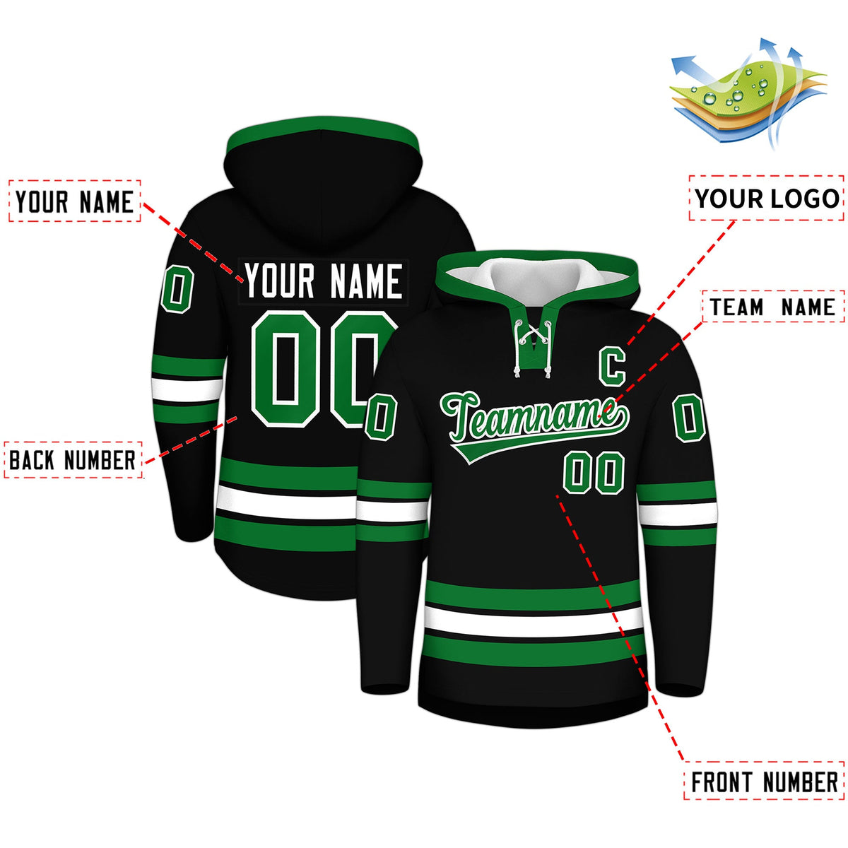 Custom Hockey Hoodie Jersey Black Kelly Green Classic Style for Men&Youth