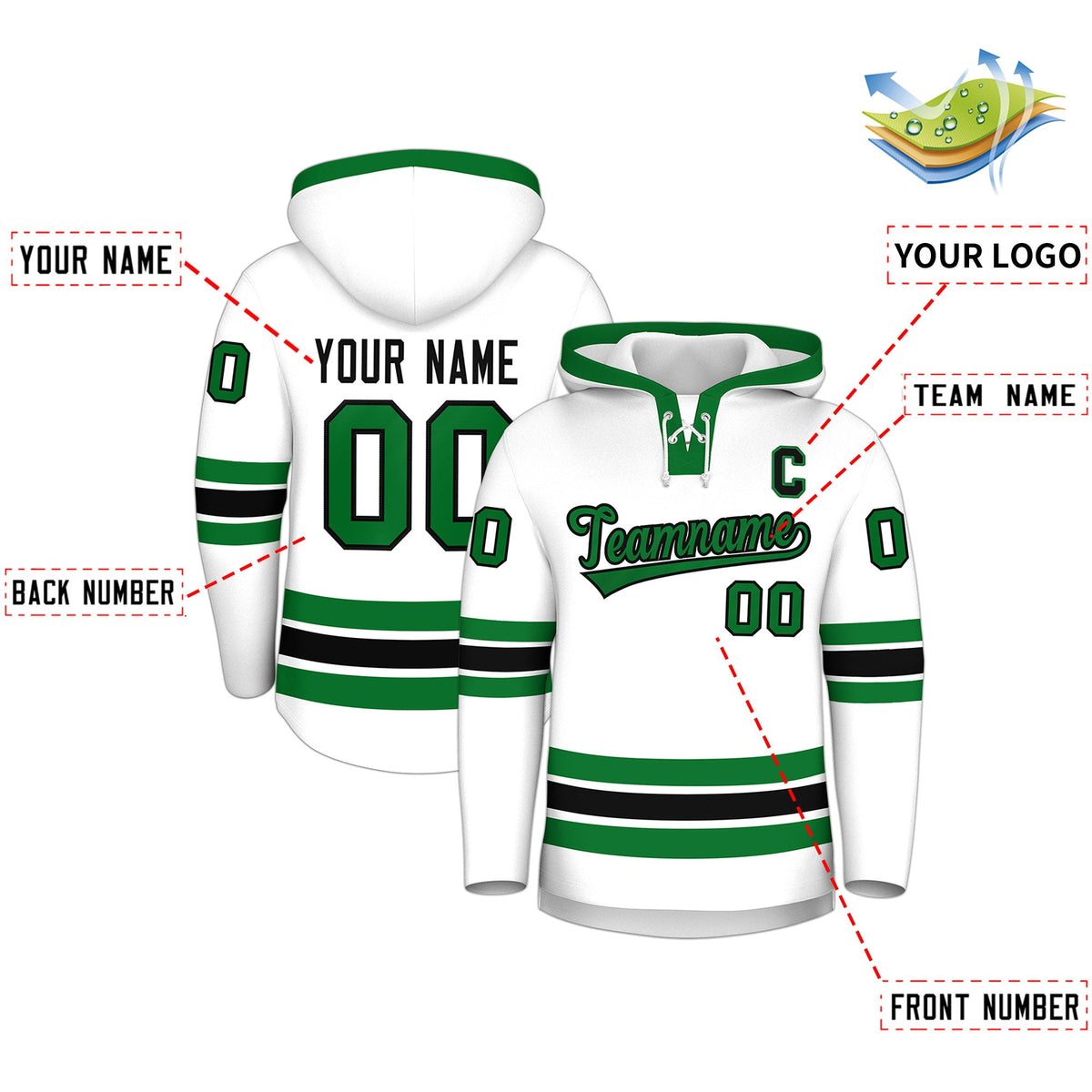 Custom Hockey Hoodie Jersey White Kelly Green Classic Style Add Name,Number & Logo
