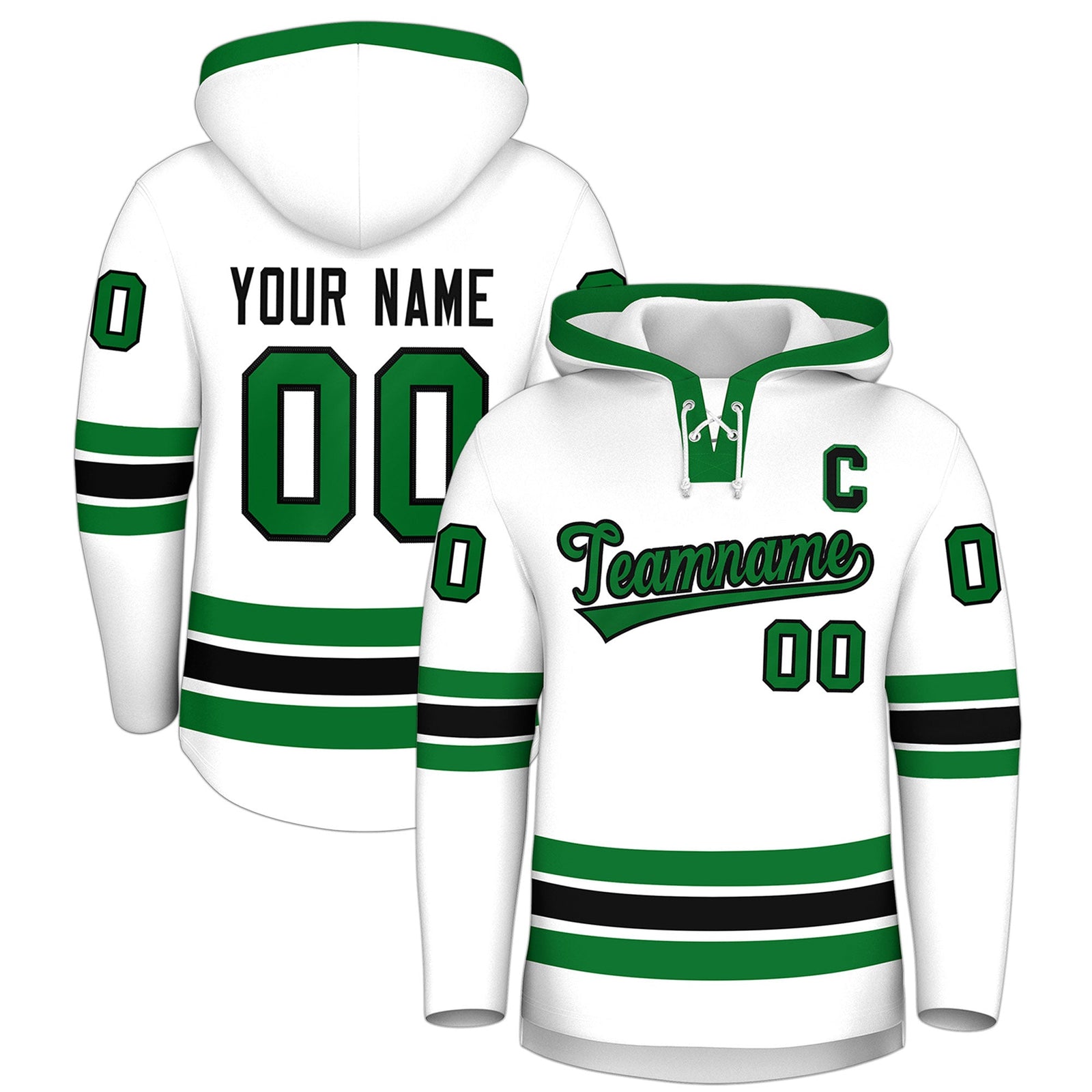Custom Hockey Hoodie Jersey White Kelly Green Classic Style Add Name,Number & Logo