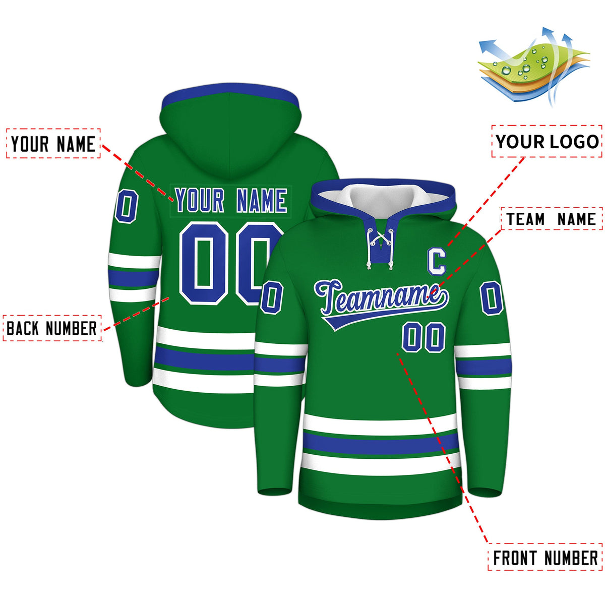 Custom Hockey Hoodie Jersey Kelly Green Royal Blue Classic Style Add Name,Number & Logo