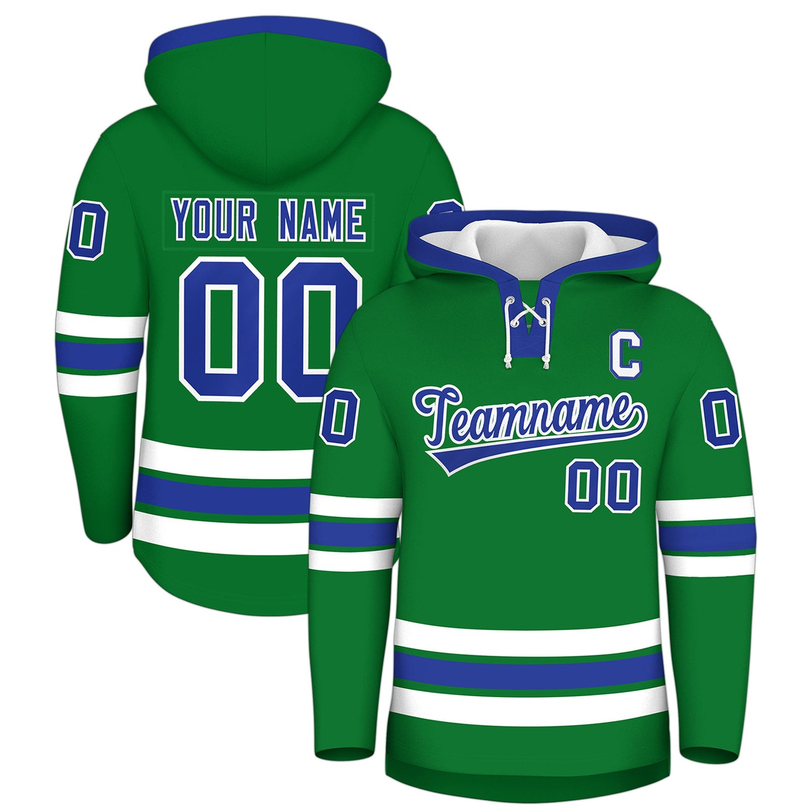 Custom Hockey Hoodie Jersey Kelly Green Royal Blue Classic Style Add Name,Number & Logo