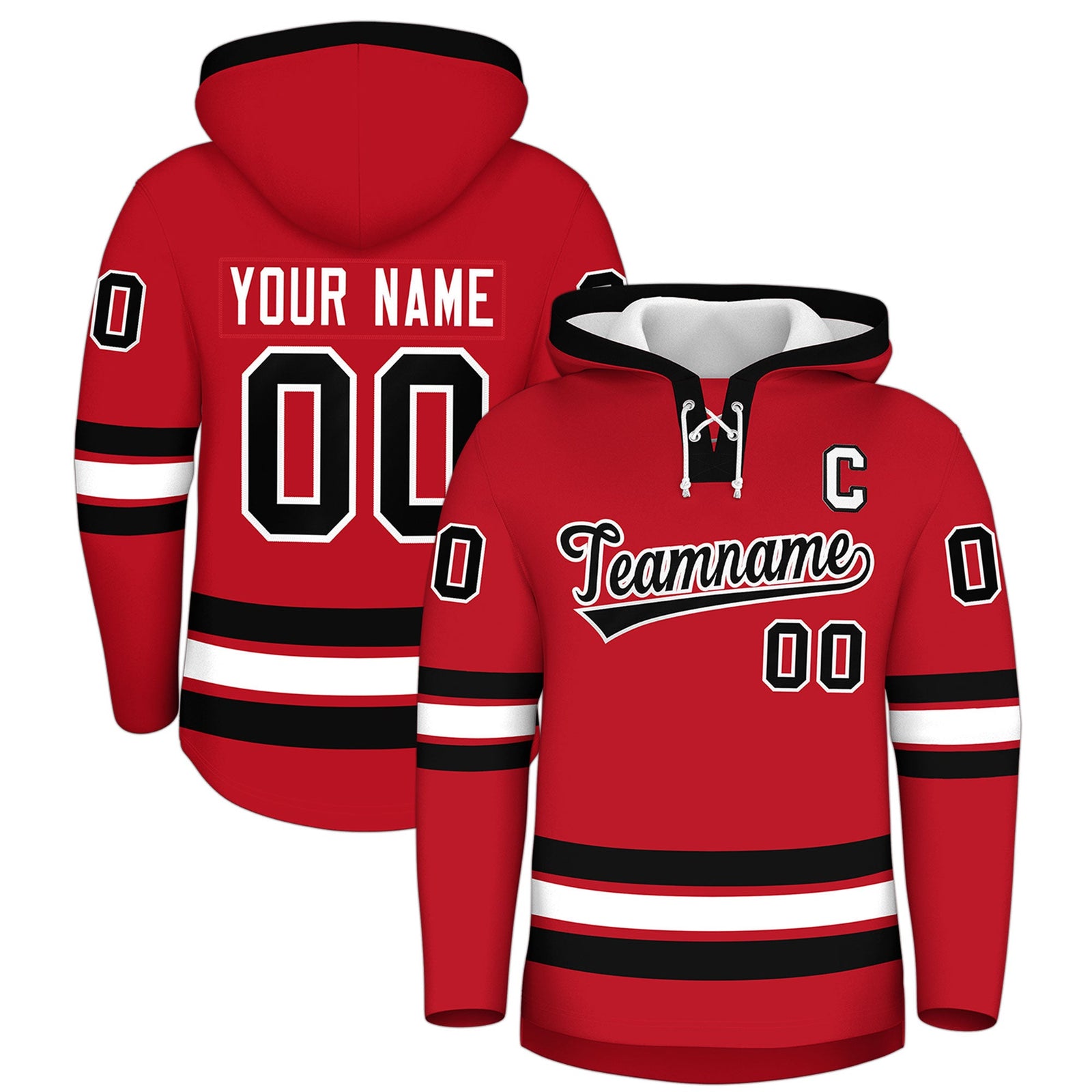 Custom Hockey Hoodie Jersey Red Black Classic Style Add Name,Number & Logo