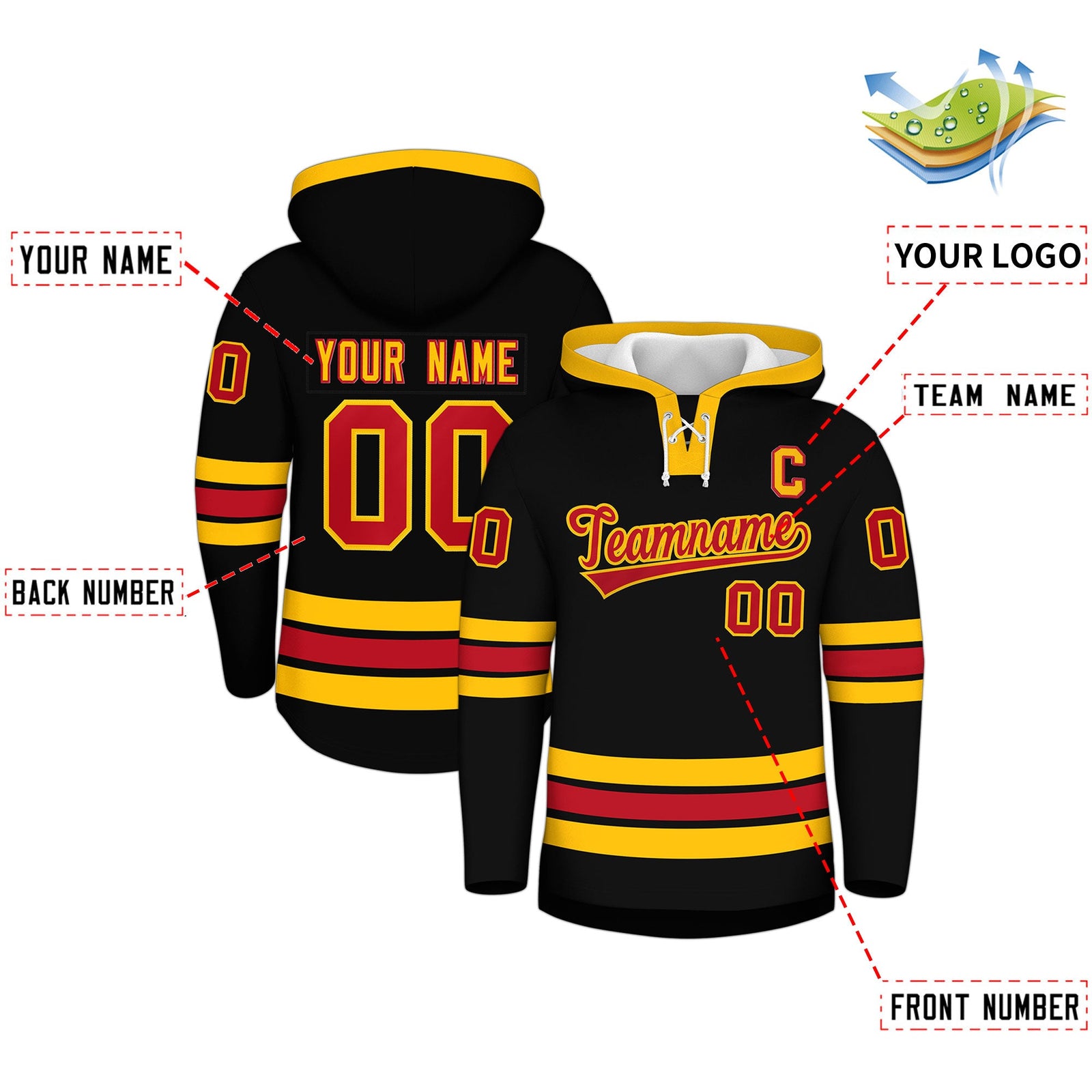 Custom Hockey Hoodie Jersey Black Red Classic Style Add Name,Number & Logo