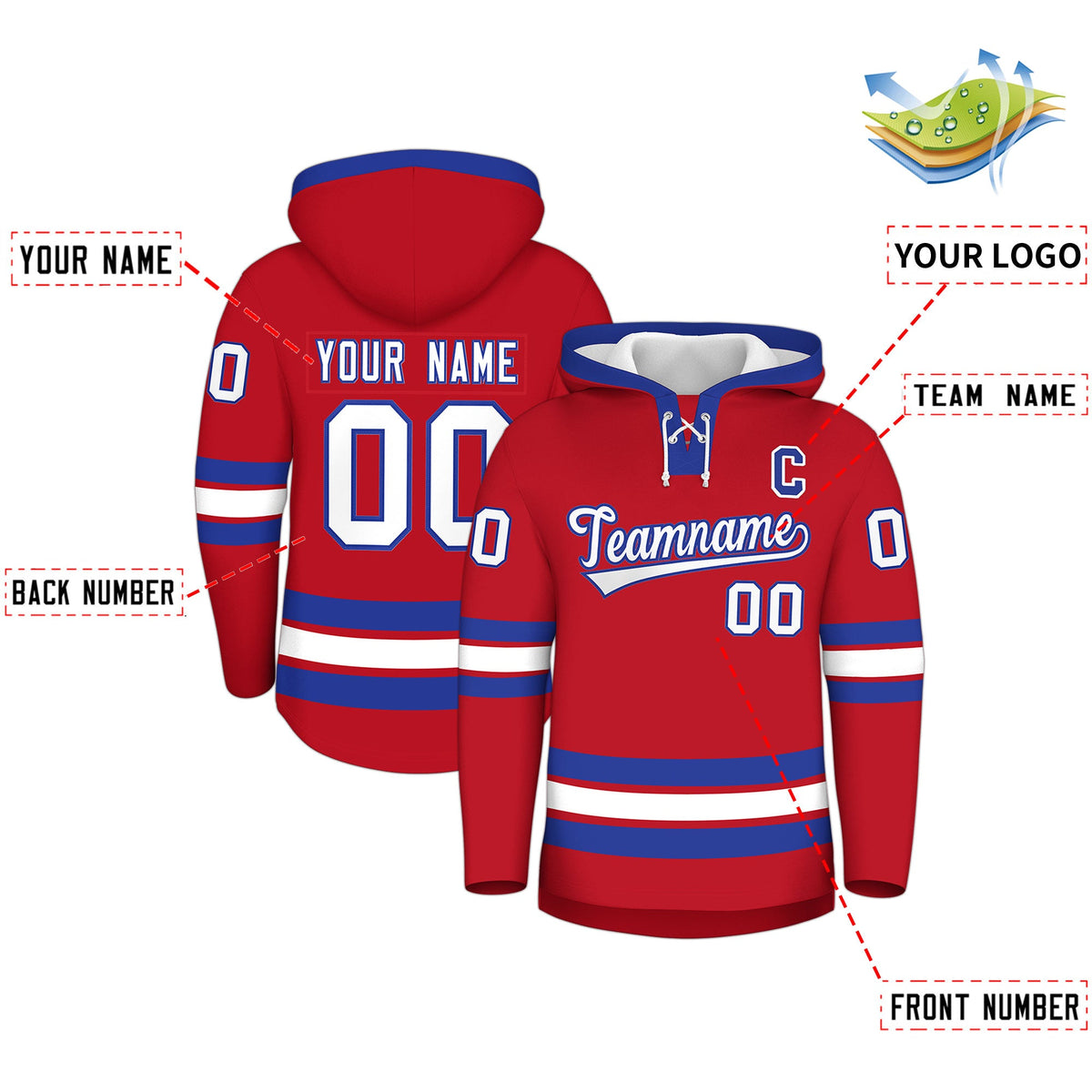 Custom Hockey Hoodie Jersey Red Royal Blue Classic Style Add Name,Number & Logo