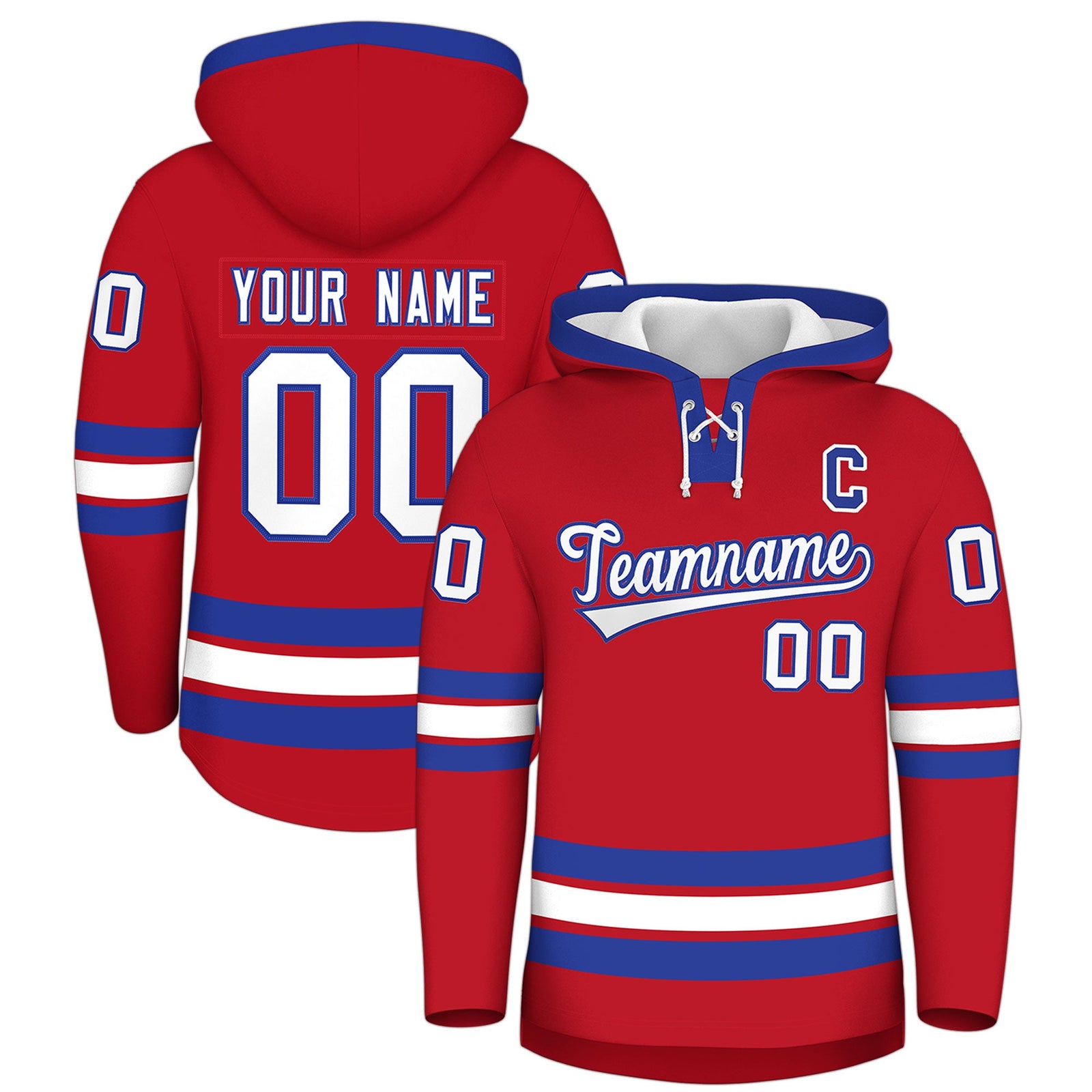Custom Hockey Hoodie Jersey Red Royal Blue Classic Style Add Name,Number & Logo