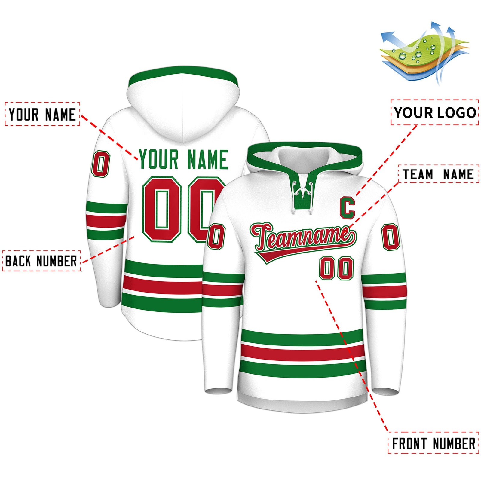 Custom Hockey Hoodie Jersey White Kelly Green Classic Style Add Name,Number & Logo