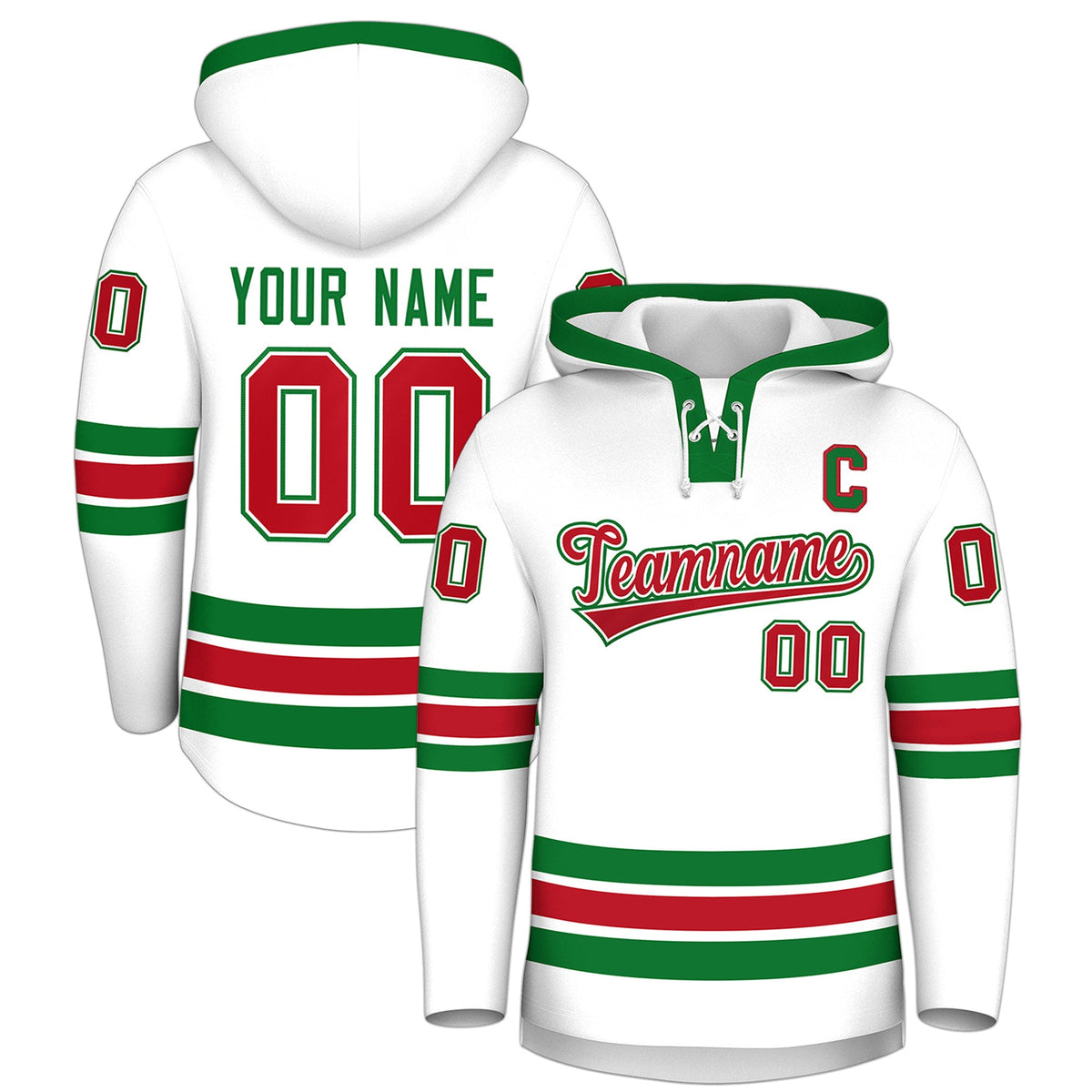 Custom Hockey Hoodie Jersey White Kelly Green Classic Style Add Name,Number & Logo