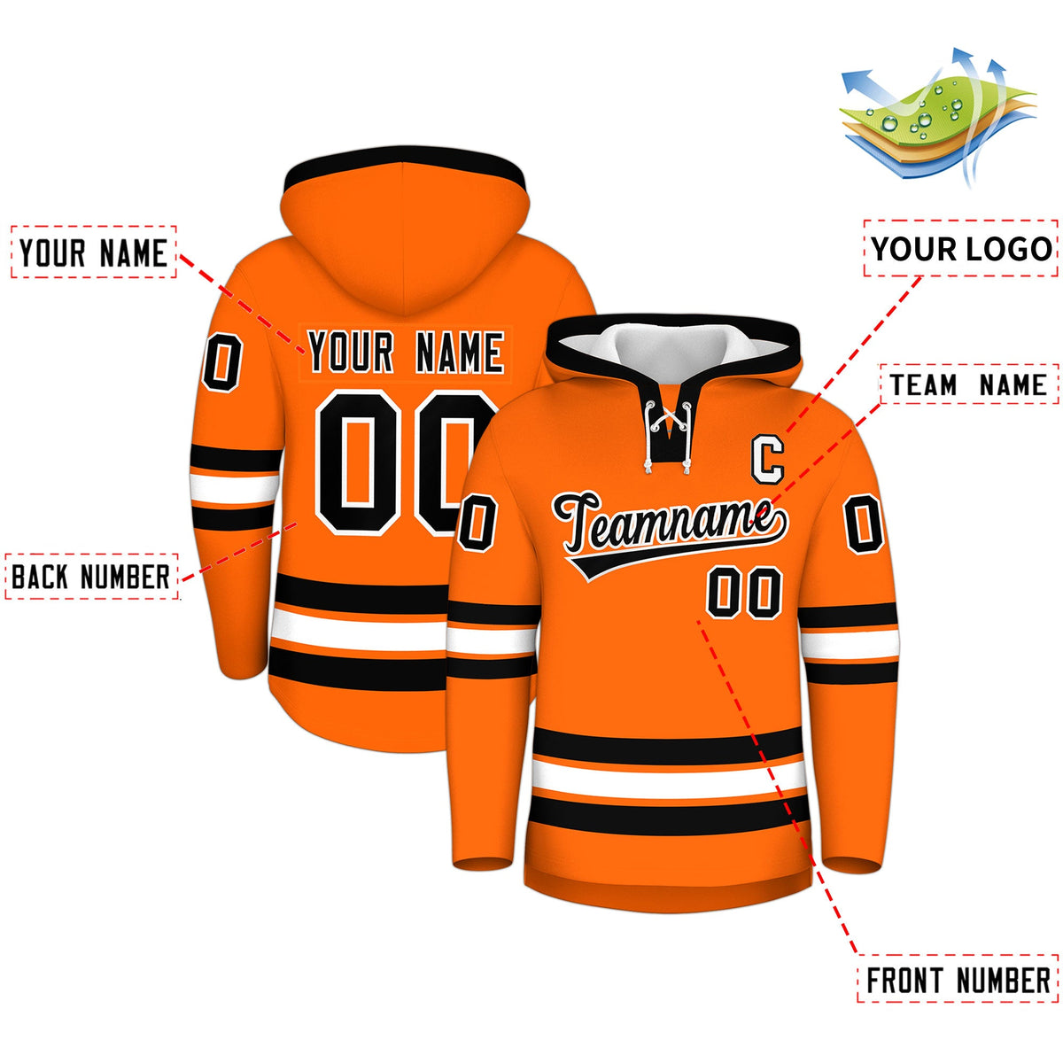 Custom Hockey Hoodie Jersey Orange Black Classic Style for Men&Youth