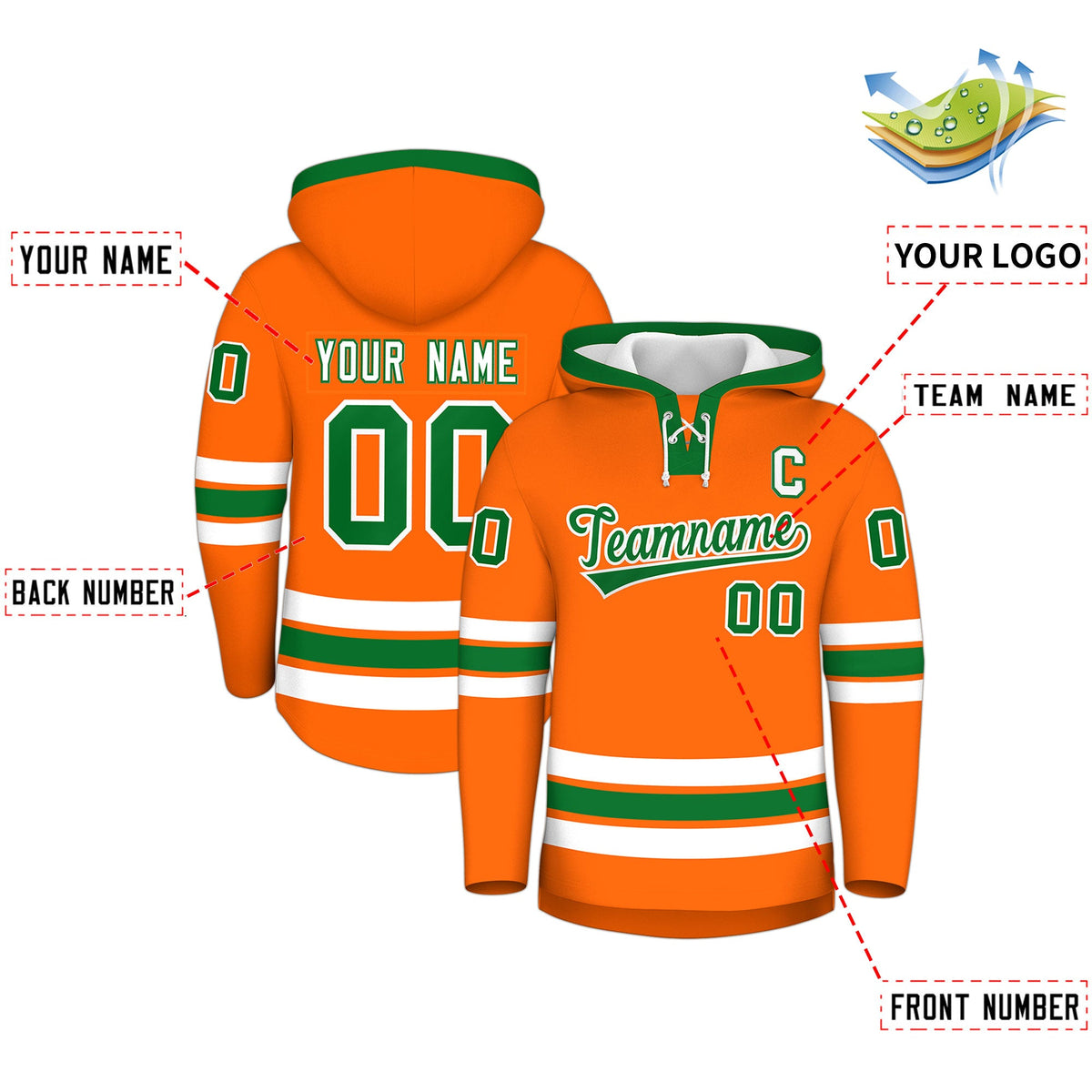 Custom Hockey Hoodie Jersey Orange Kelly Green Classic Style Add Name,Number & Logo