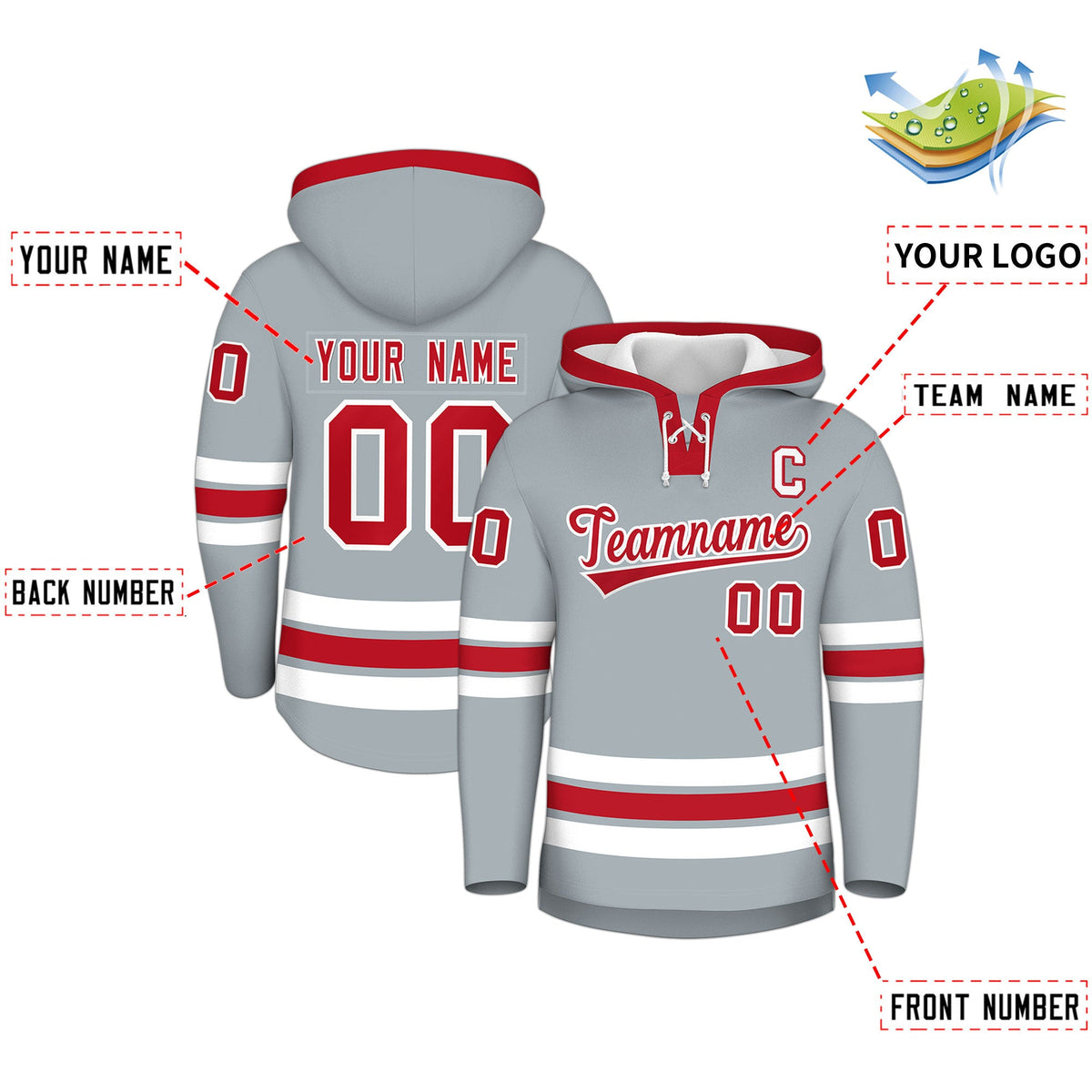 Custom Hockey Hoodie Jersey Silver Red Classic Style for Men&Youth