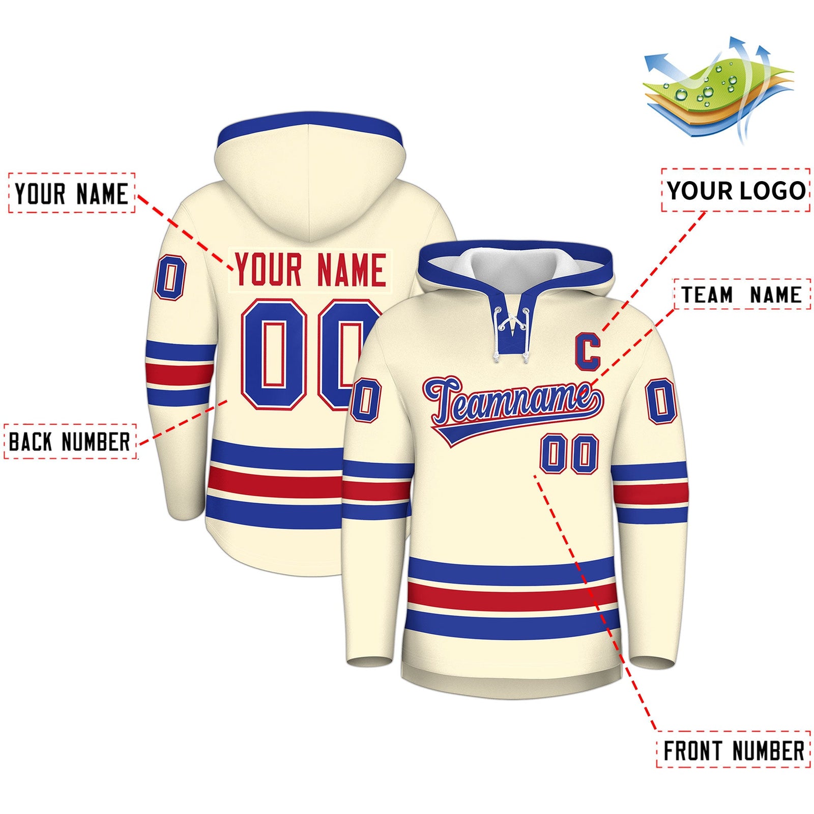 Custom Hockey Hoodie Jersey Cream Royal Blue Classic Style Add Name,Number & Logo