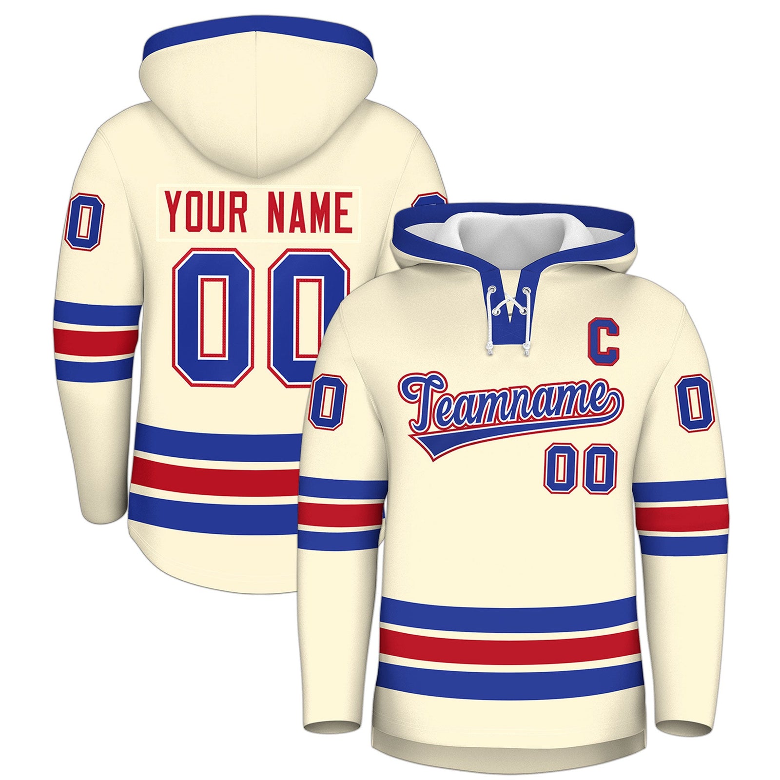 Custom Hockey Hoodie Jersey Cream Royal Blue Classic Style Add Name,Number & Logo