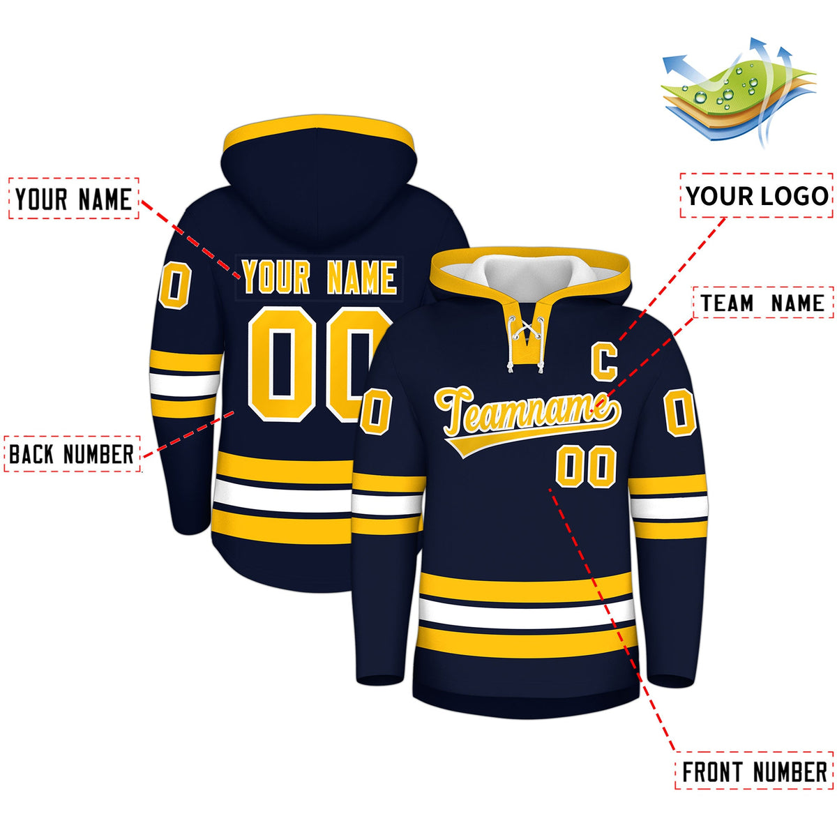 Custom Hockey Hoodie Jersey Navy White Classic Style Add Name,Number & Logo