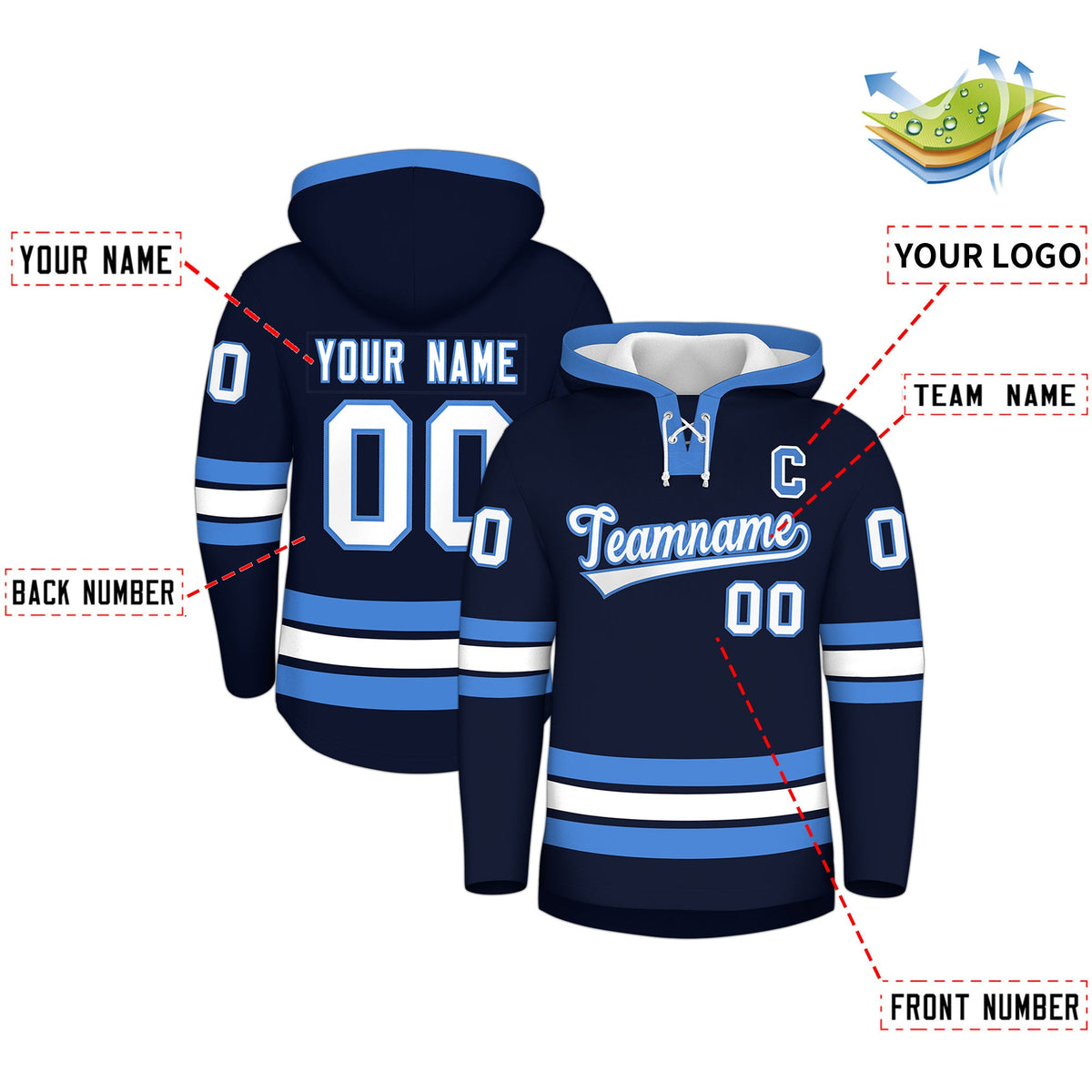 Custom Hockey Hoodie Jersey Navy Powder Blue Classic Style for Men&Youth