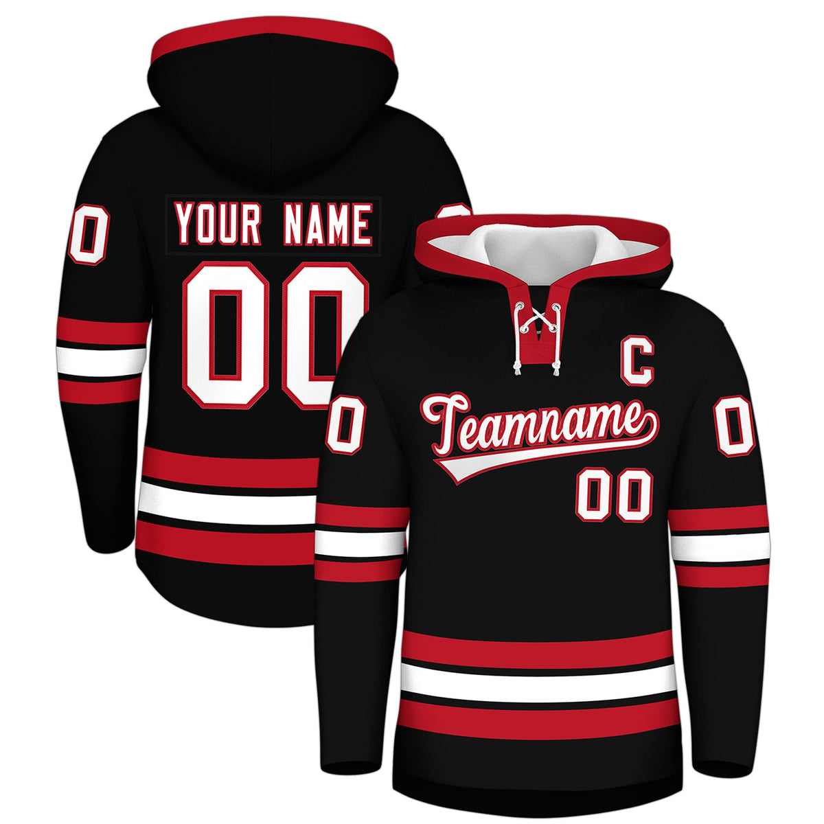 Custom Hockey Hoodie Jersey Black Red Classic Style Add Name,Number & Logo