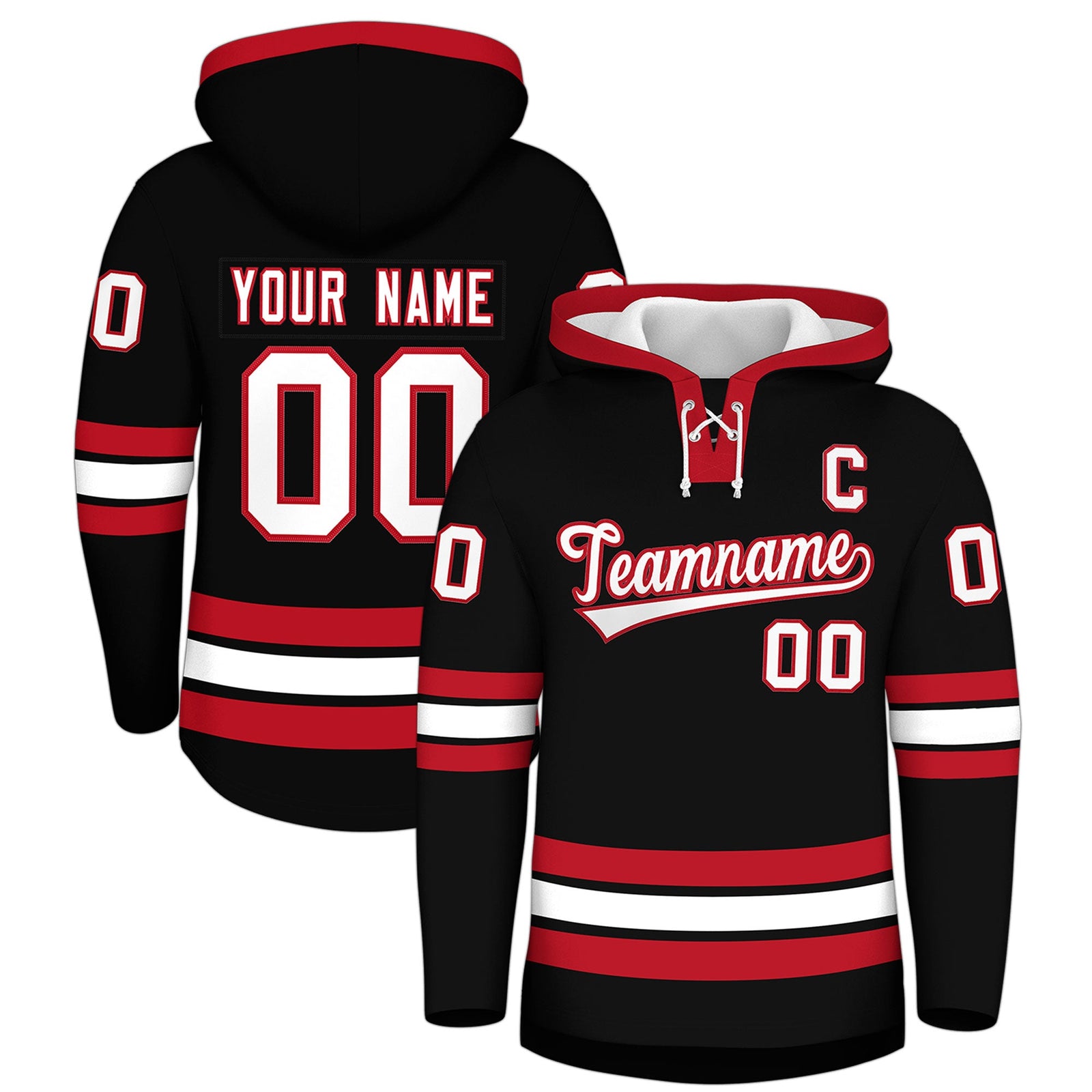 Custom Hockey Hoodie Jersey Black Red Classic Style Add Name,Number & Logo