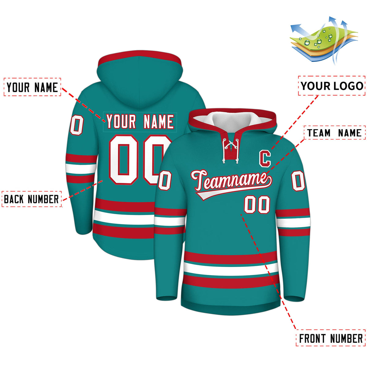 Custom Hockey Hoodie Jersey Teal Red Classic Style for Men&Youth