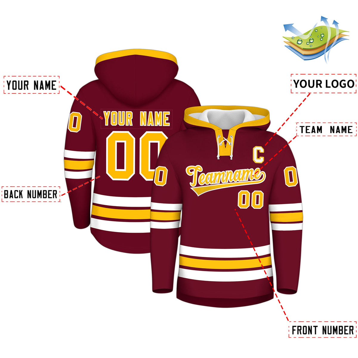 Custom Hockey Hoodie Jersey Crimson Gold Classic Style Add Name,Number & Logo