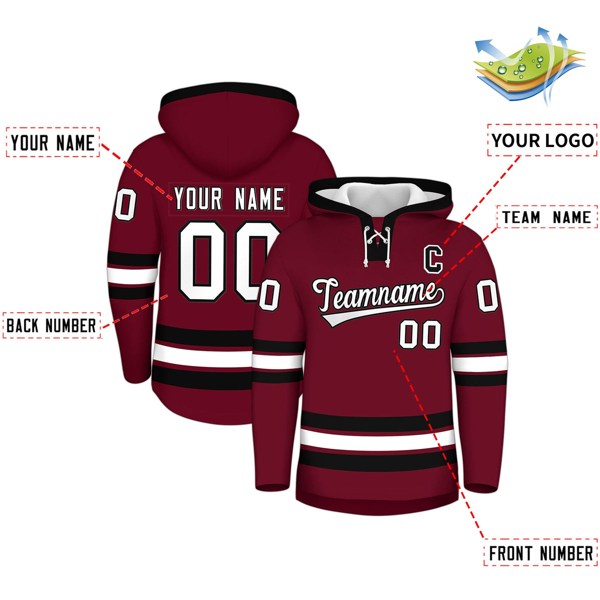 Custom Hockey Hoodie Jersey Crimson Black Classic Style Add Name,Number & Logo