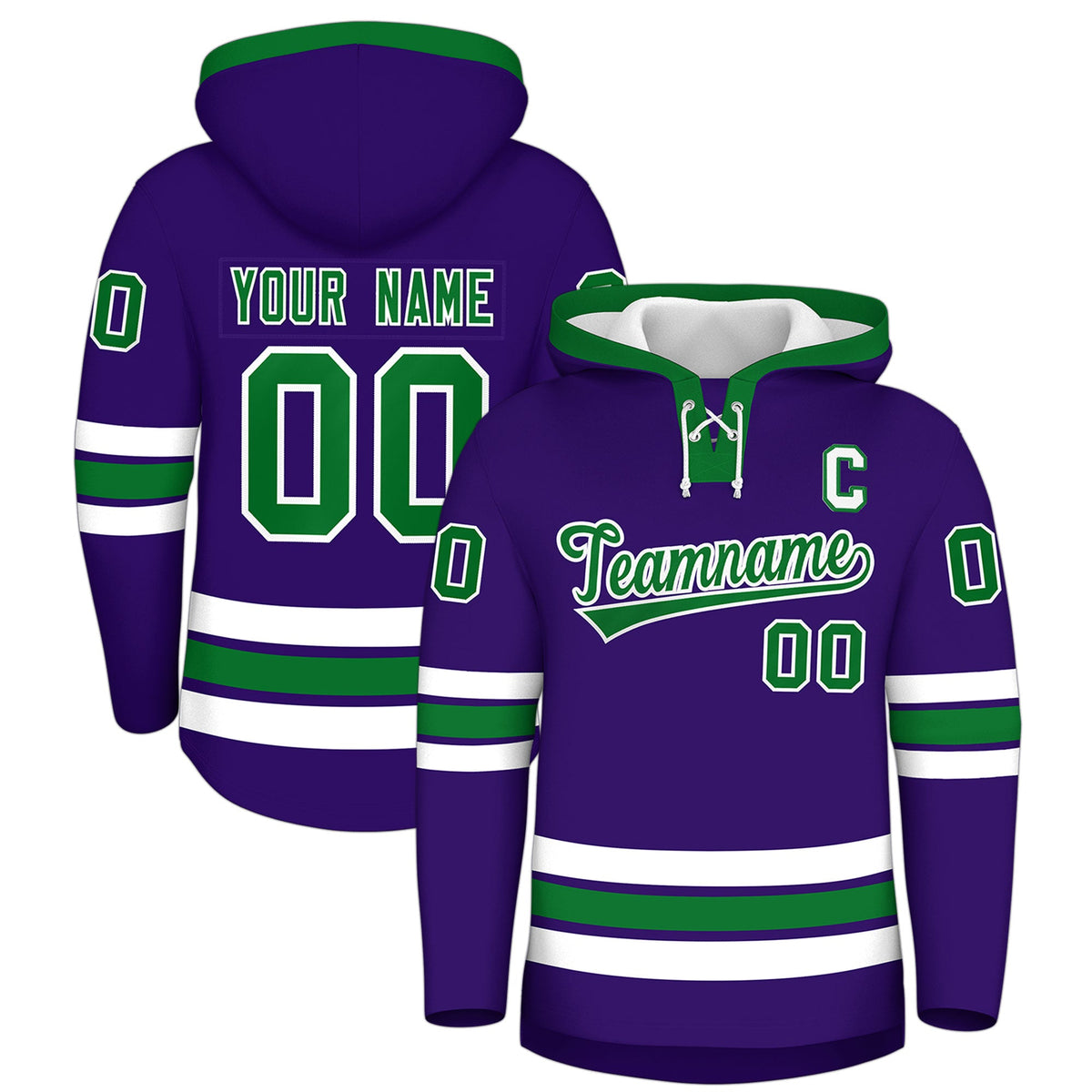 Custom Hockey Hoodie Jersey Purple Kelly Green Classic Style for Men&Youth