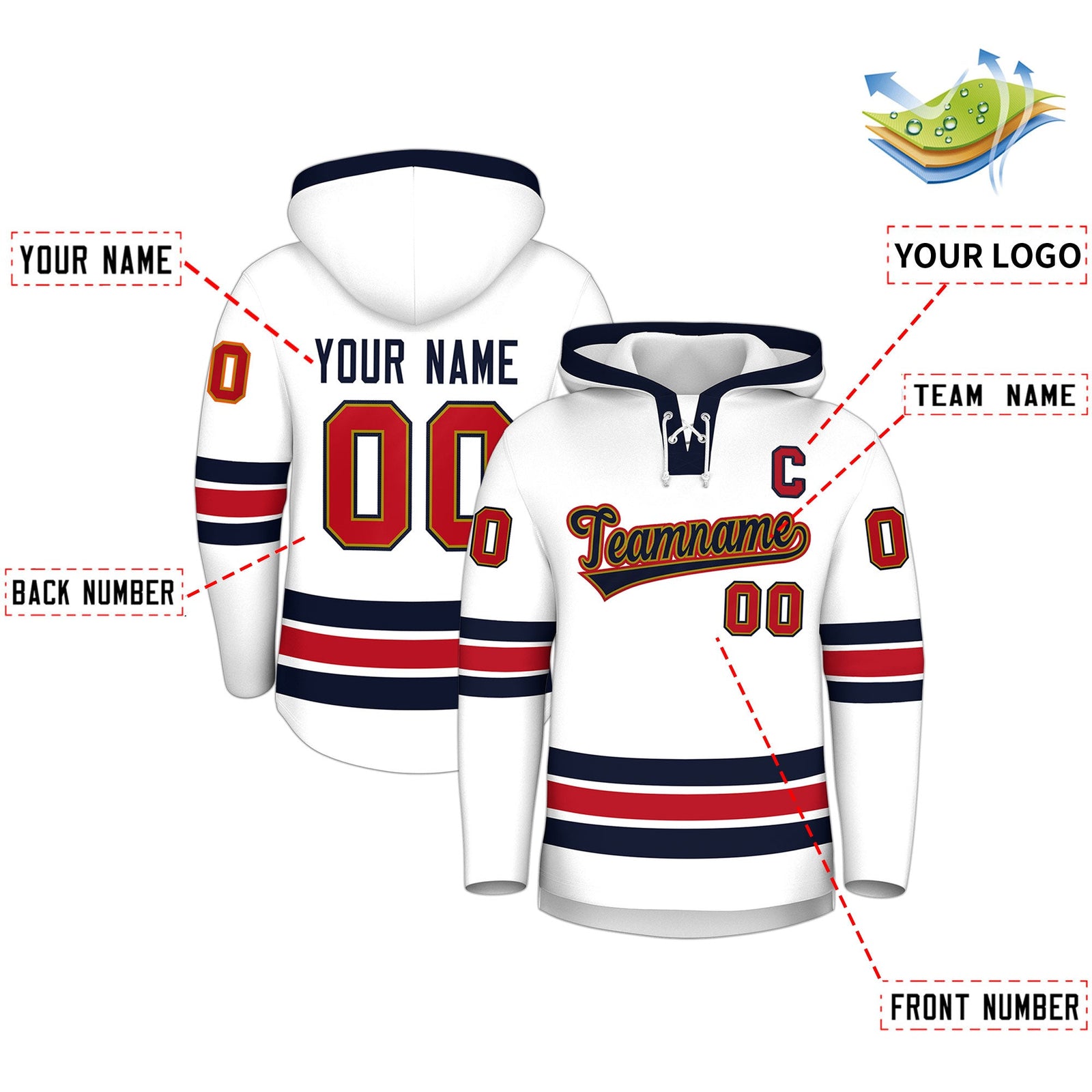 Custom Hockey Hoodie Jersey White Navy Classic Style Add Name,Number & Logo