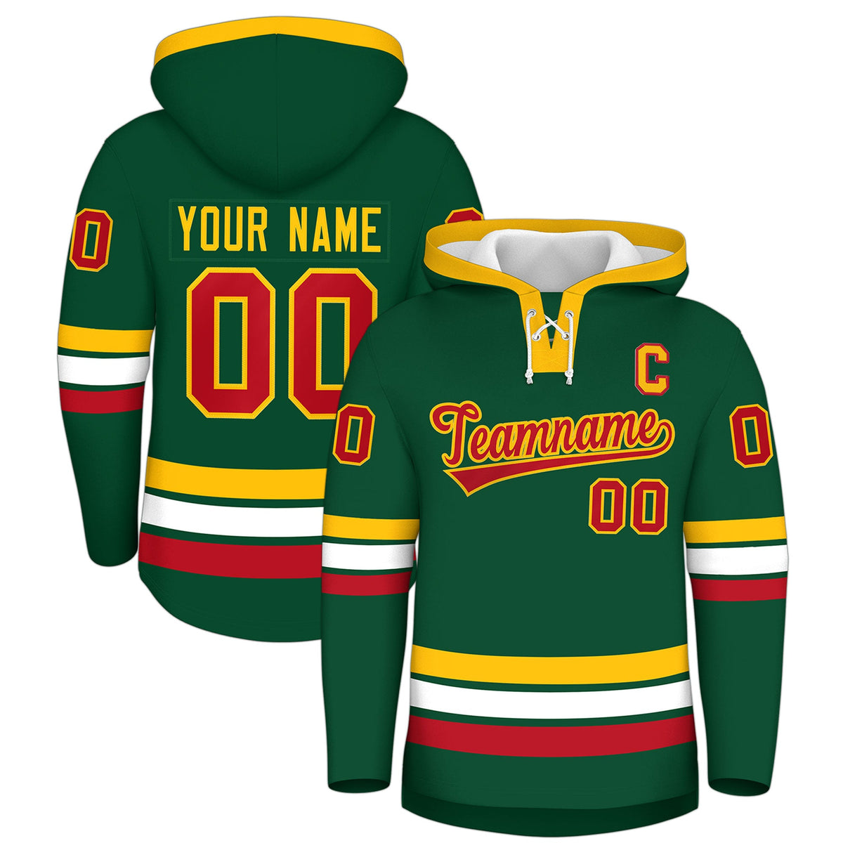 Custom Hockey Hoodie Jersey Dark Green Gold Classic Style Add Name,Number & Logo