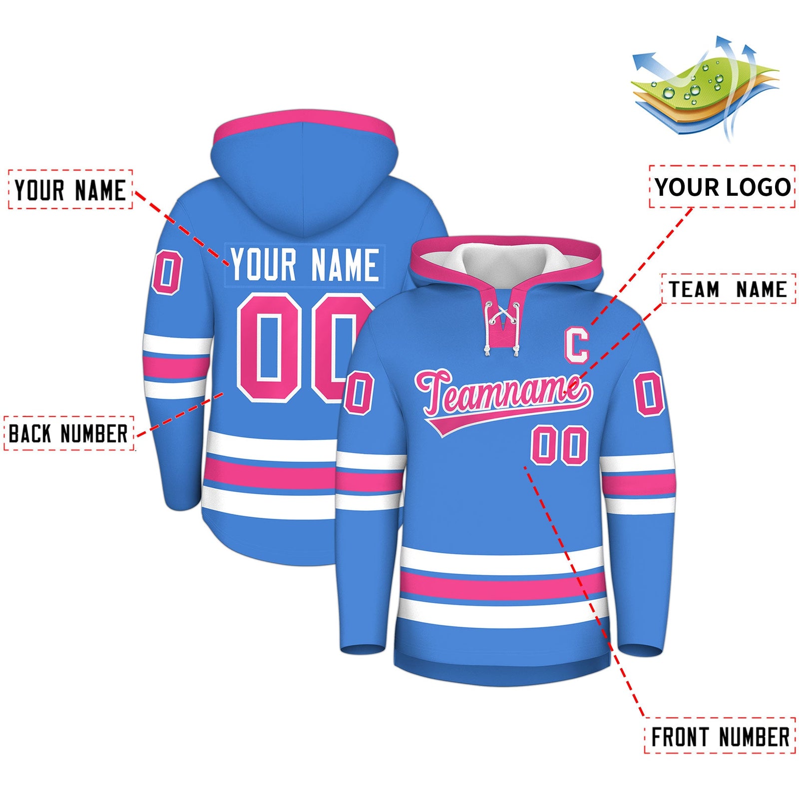 Custom Hockey Hoodie Jersey Powder Blue Pink Classic Style for Men&Youth